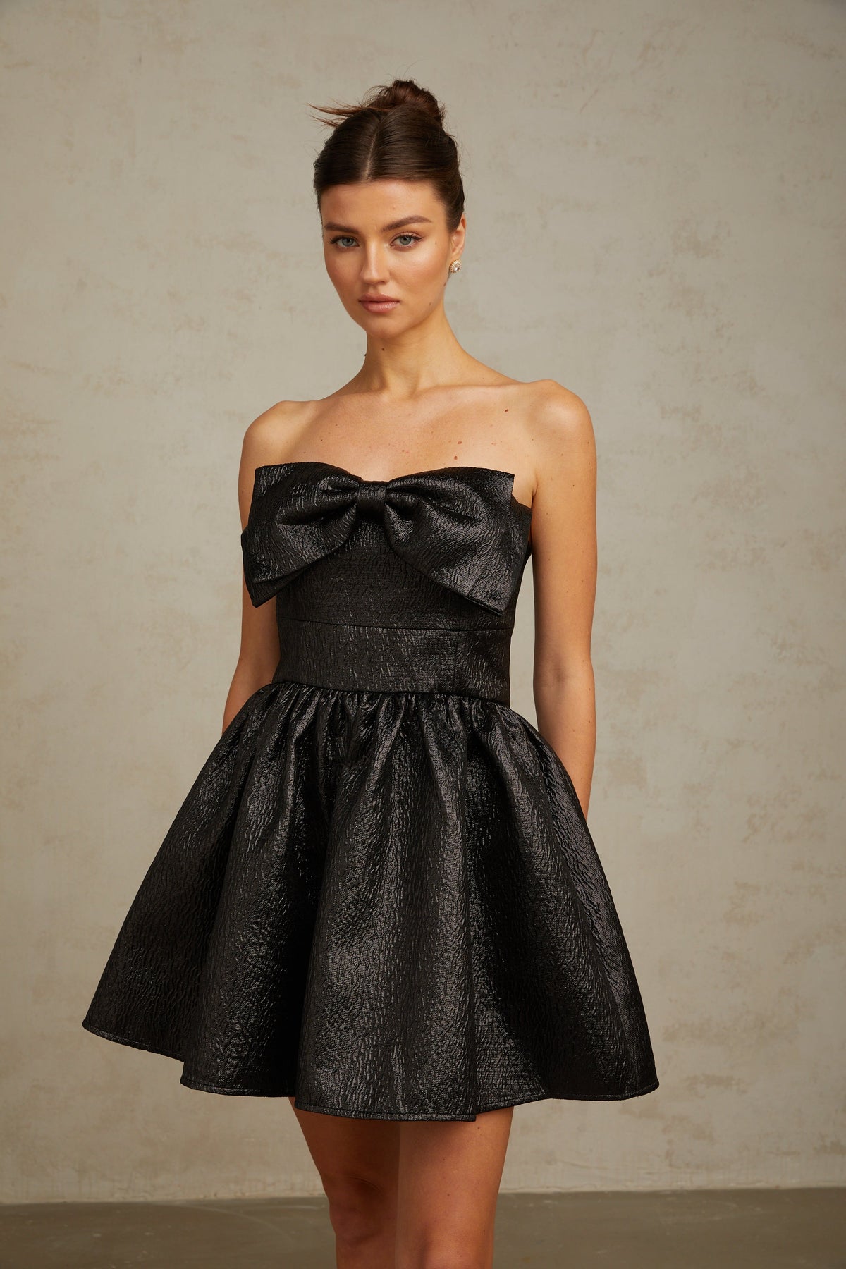 Colette black bow metallic mini dress