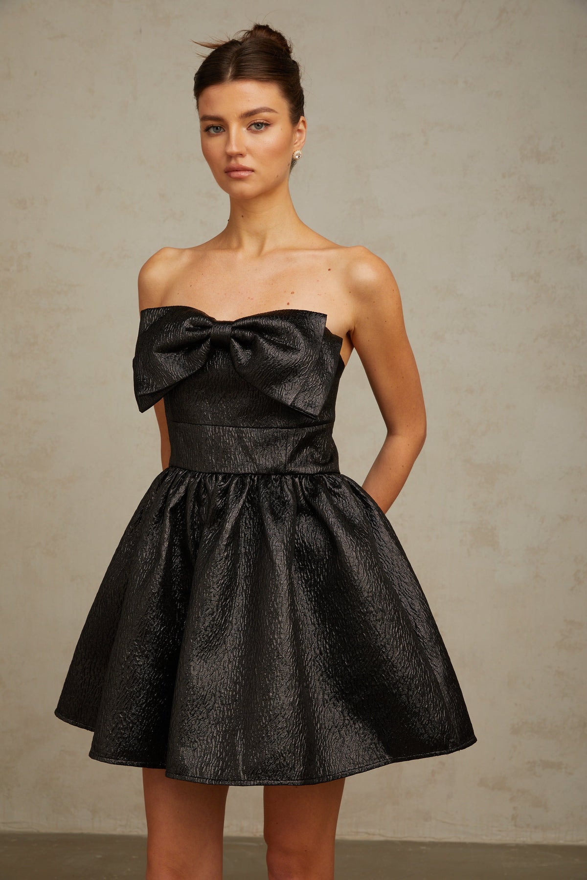 Colette black bow metallic mini dress