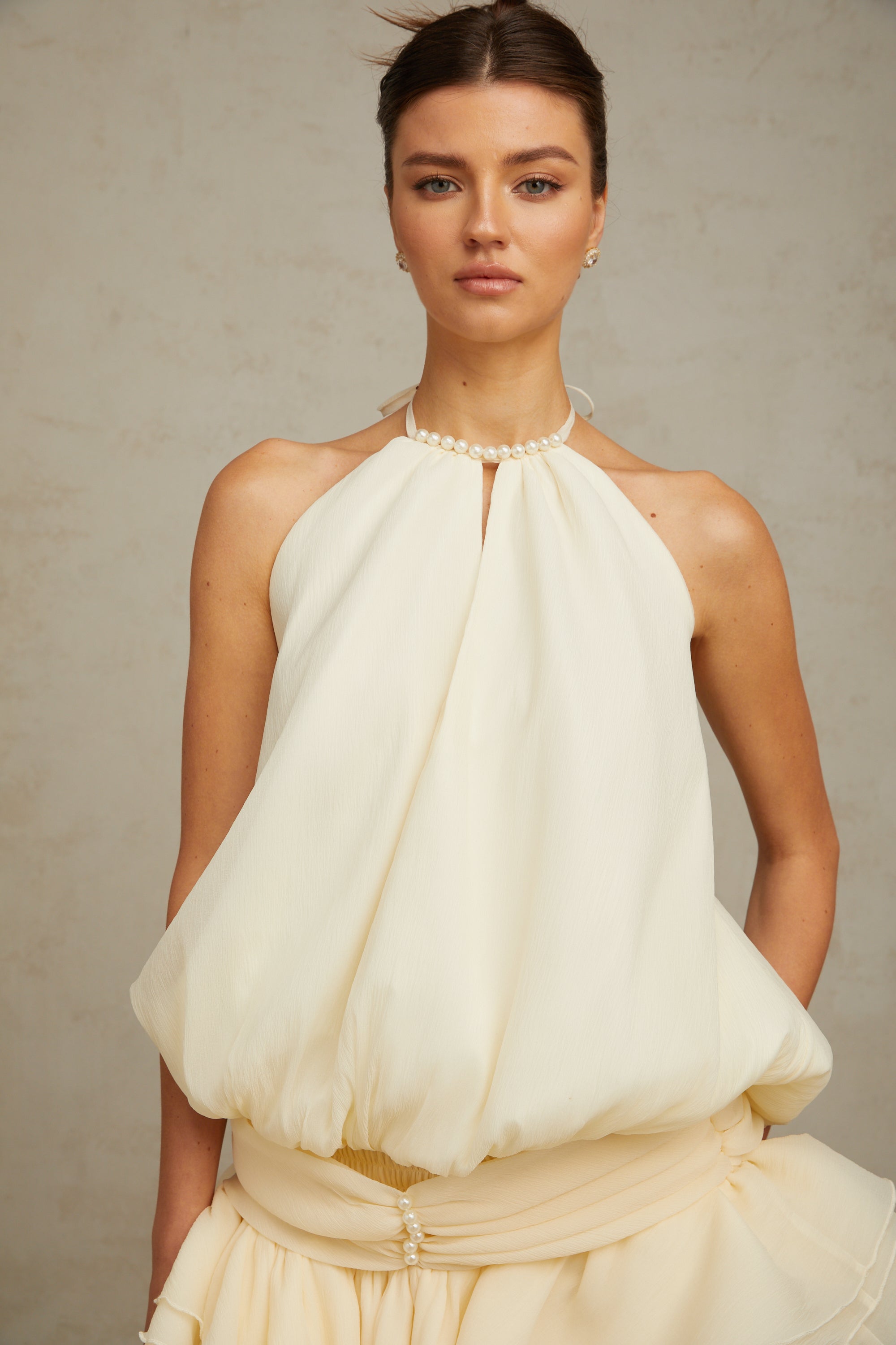 Bérénice white halterneck faux-pearl mini dress