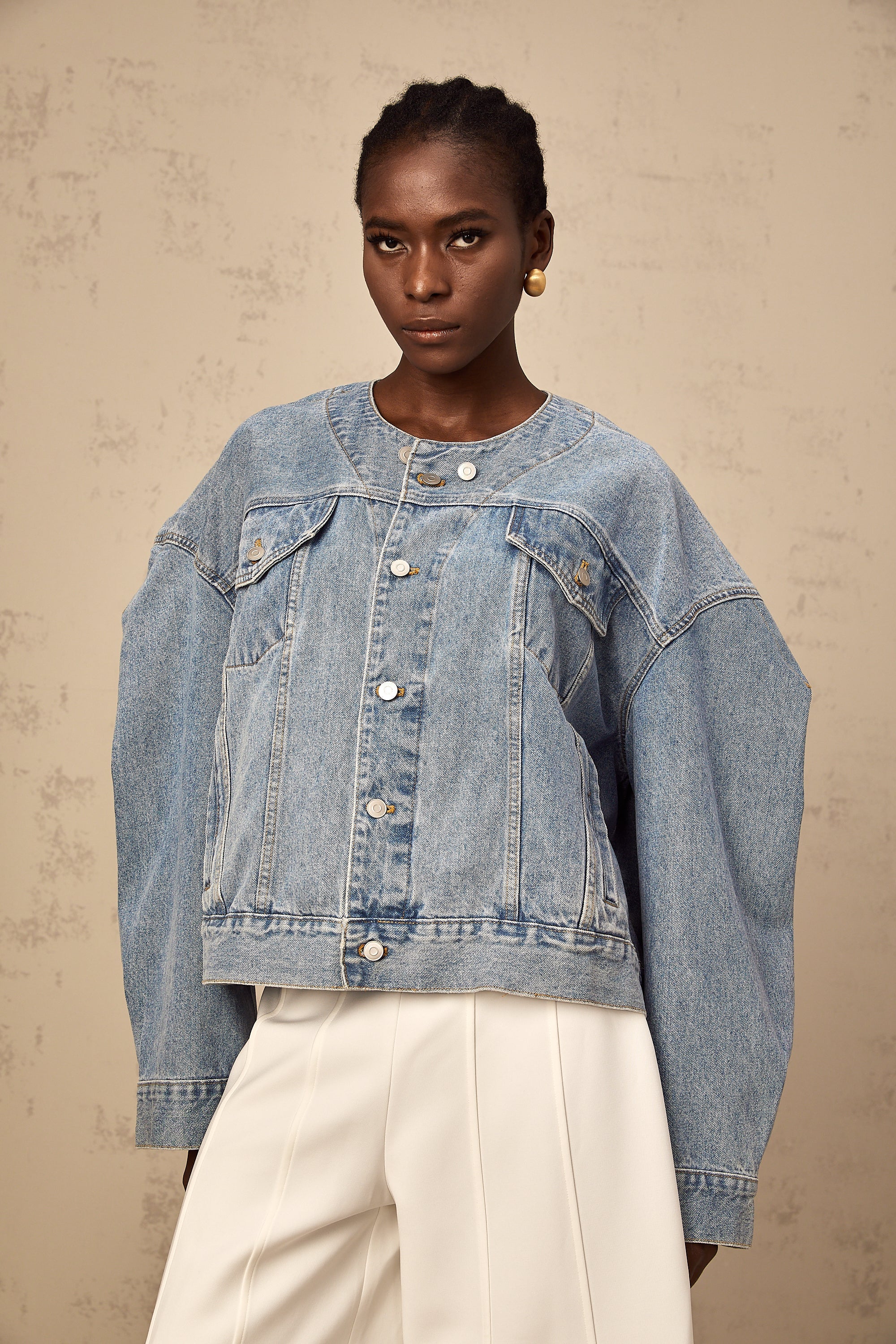 Isabelle blue collarless denim jacket (US Only)