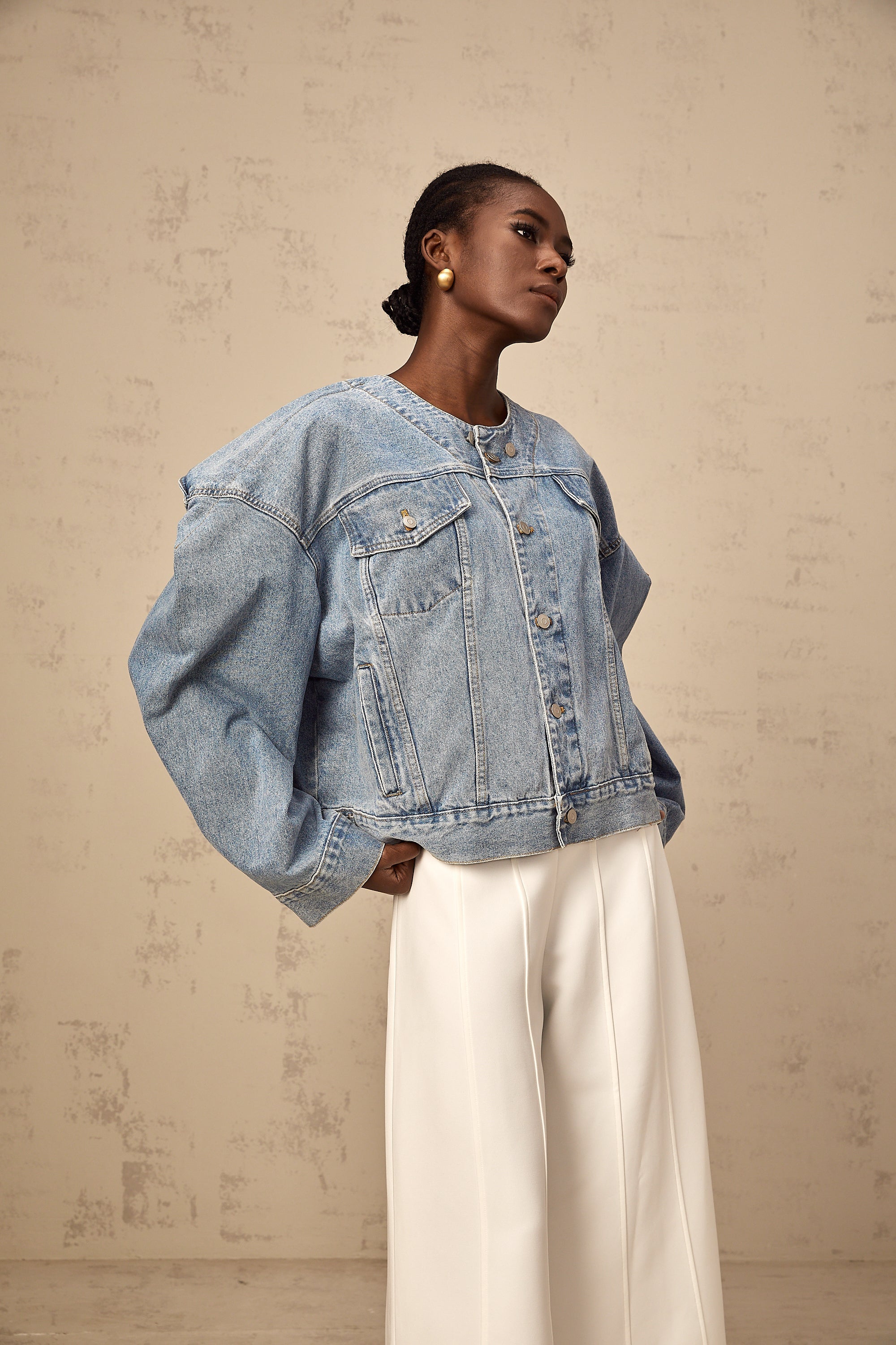 Isabelle blue collarless denim jacket (US Only)