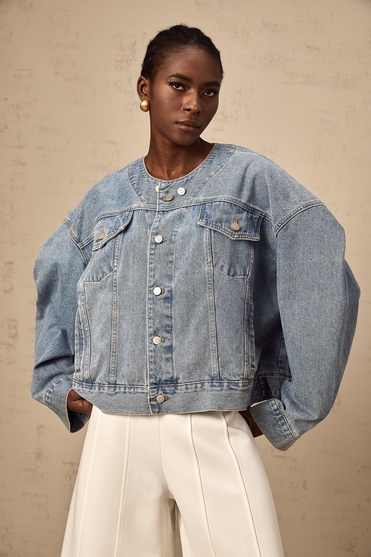 Isabelle blue collarless denim jacket