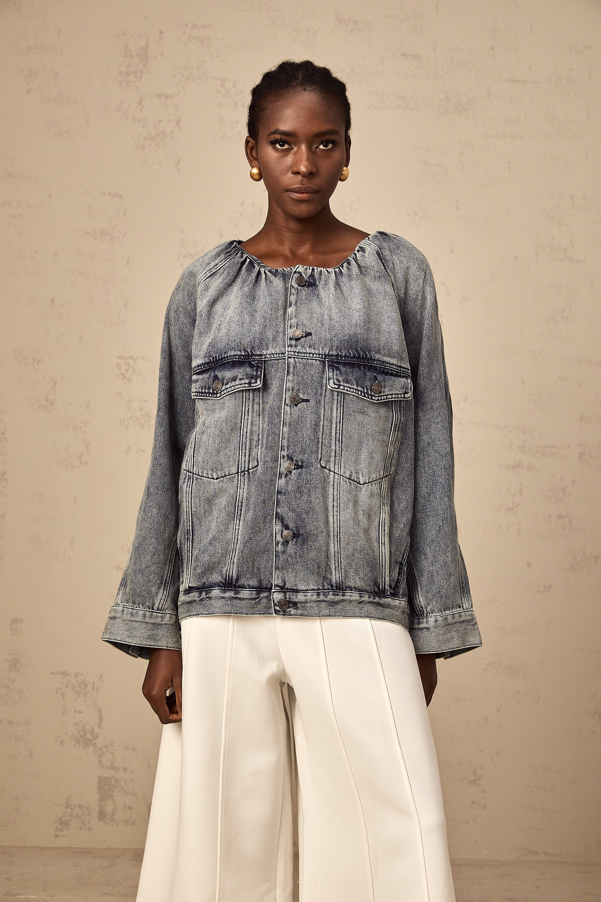 Joëlle blue collarless denim jacket