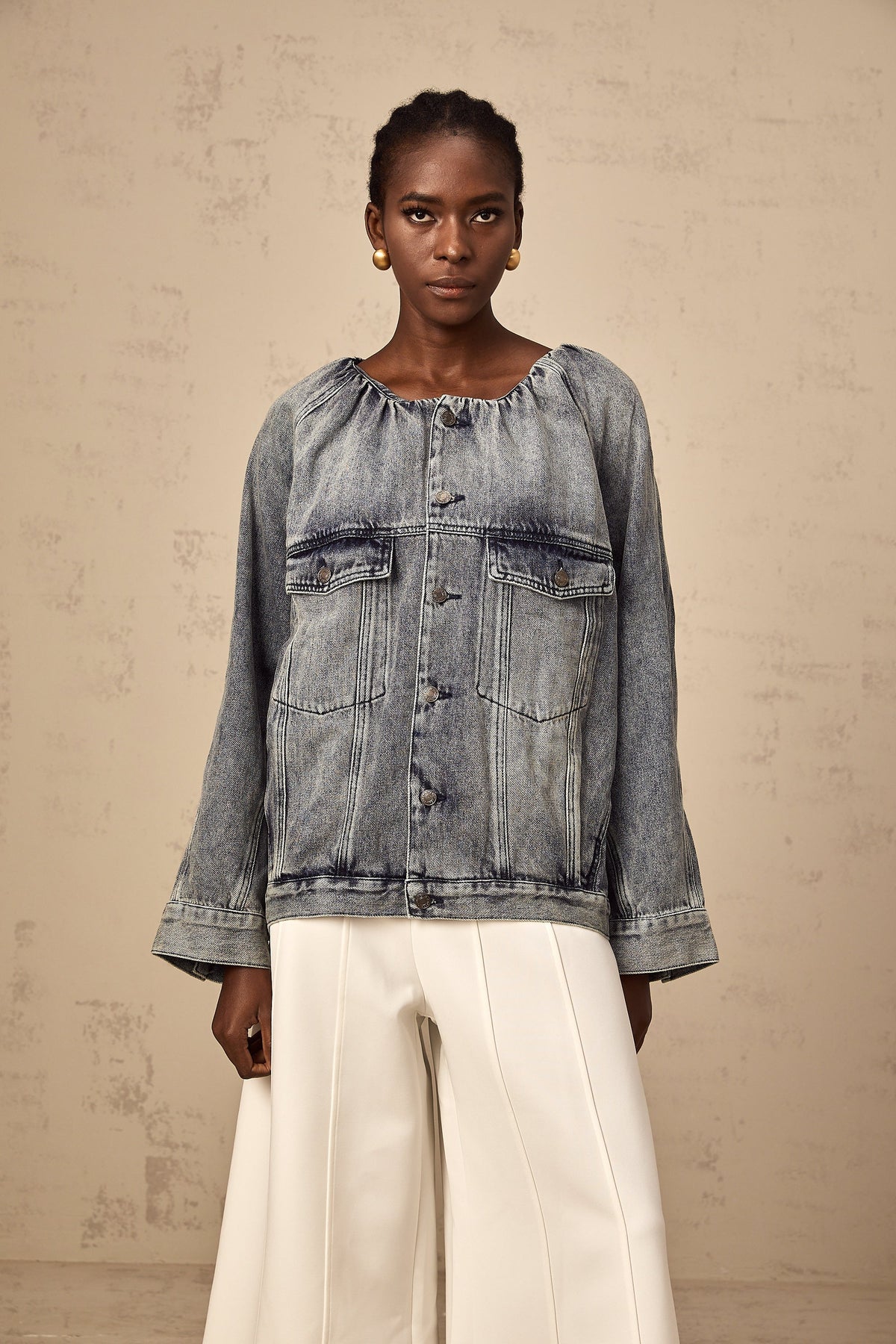 Joëlle blue collarless denim jacket