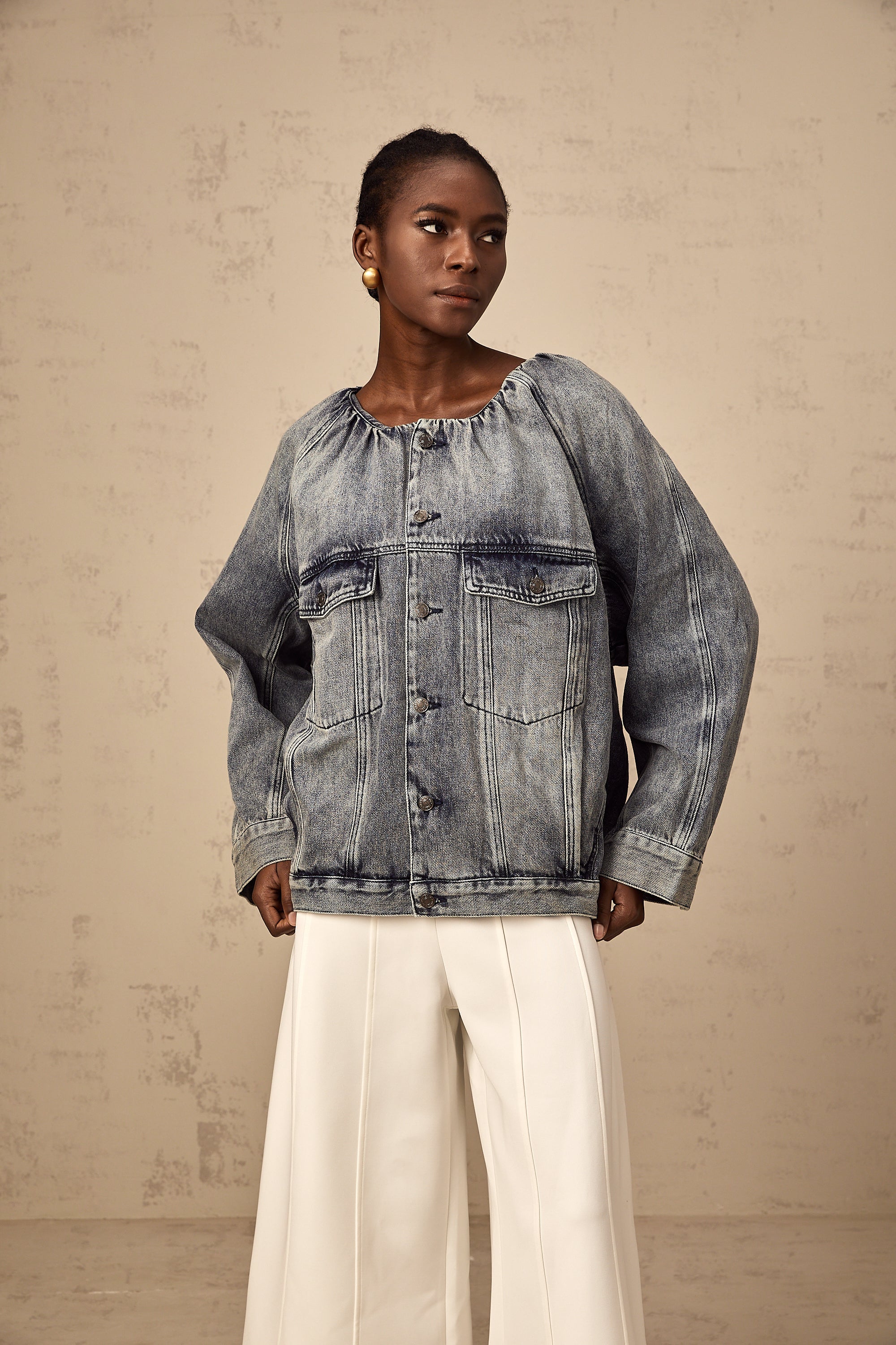 Joëlle blue collarless denim jacket