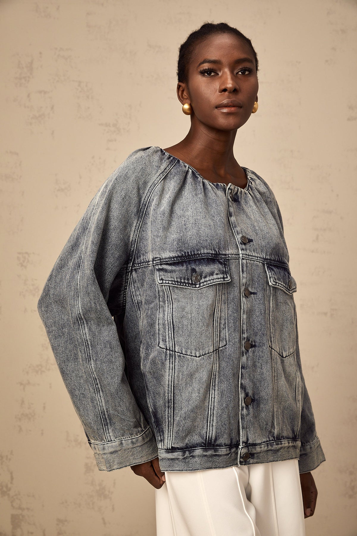 Joëlle blue collarless denim jacket