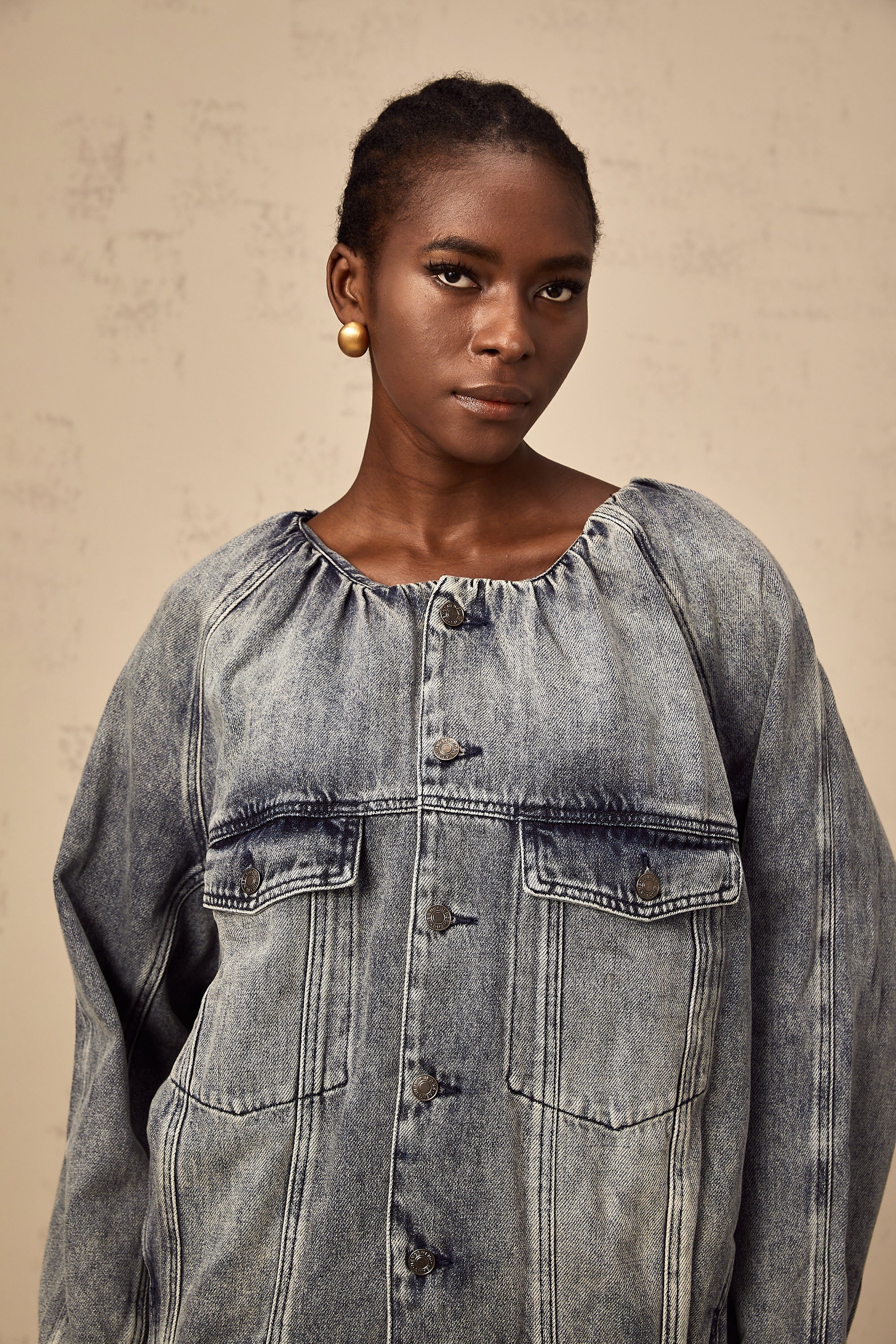 Joëlle blue collarless denim jacket