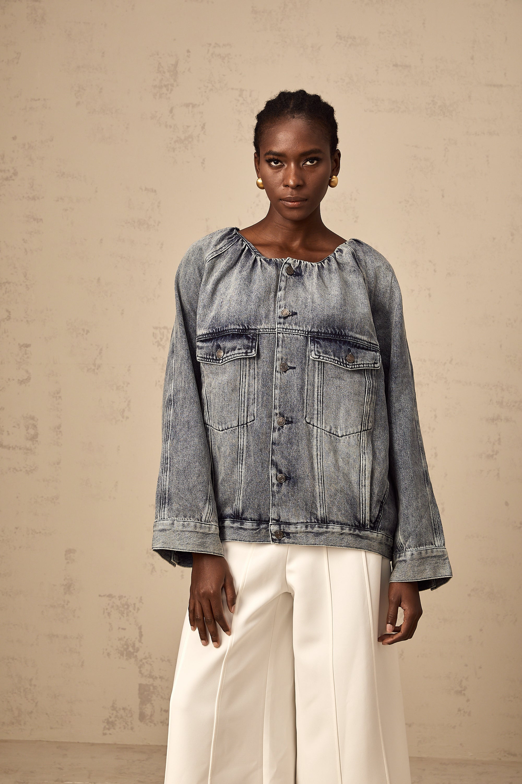 Joëlle blue collarless denim jacket