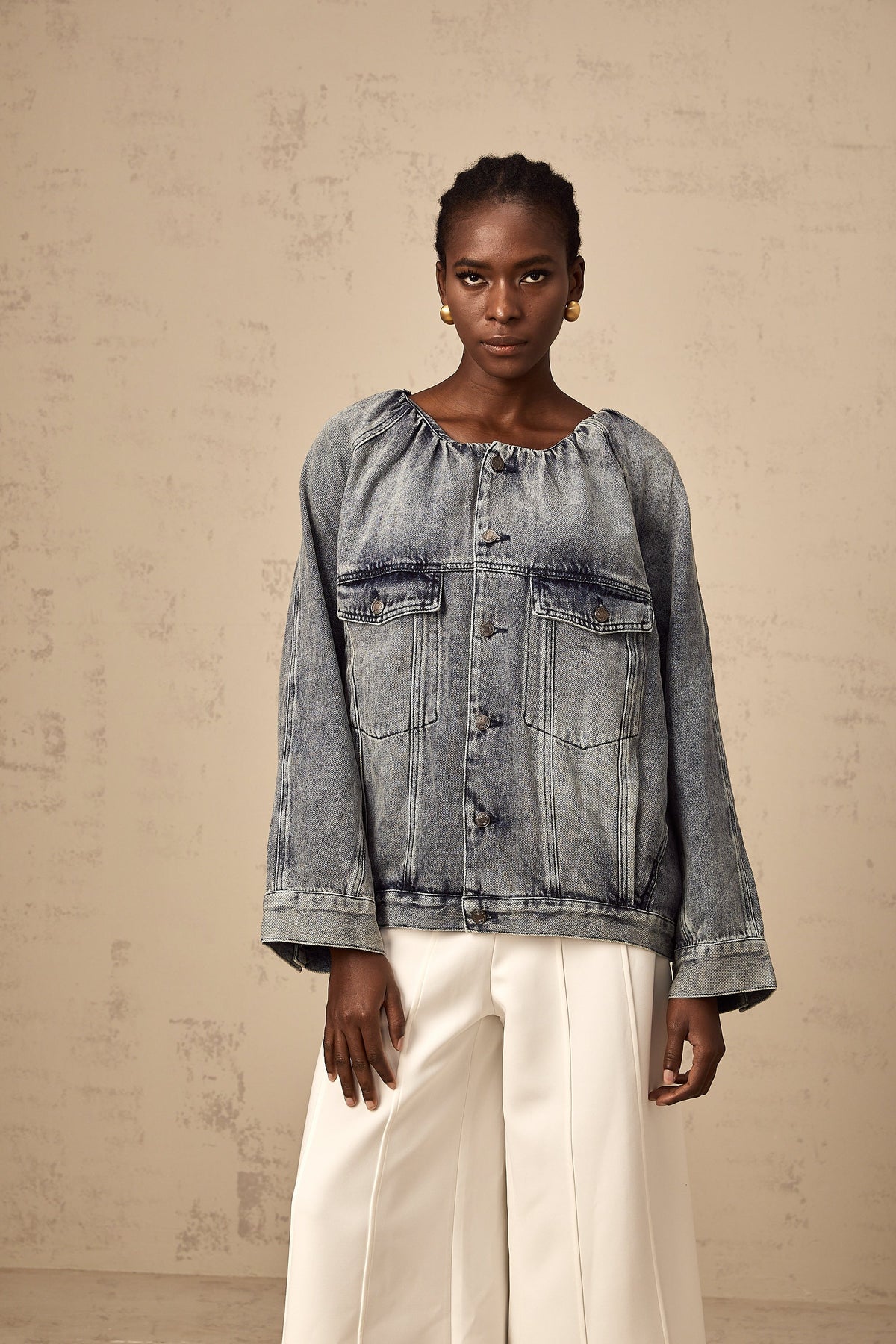Joëlle blue collarless denim jacket