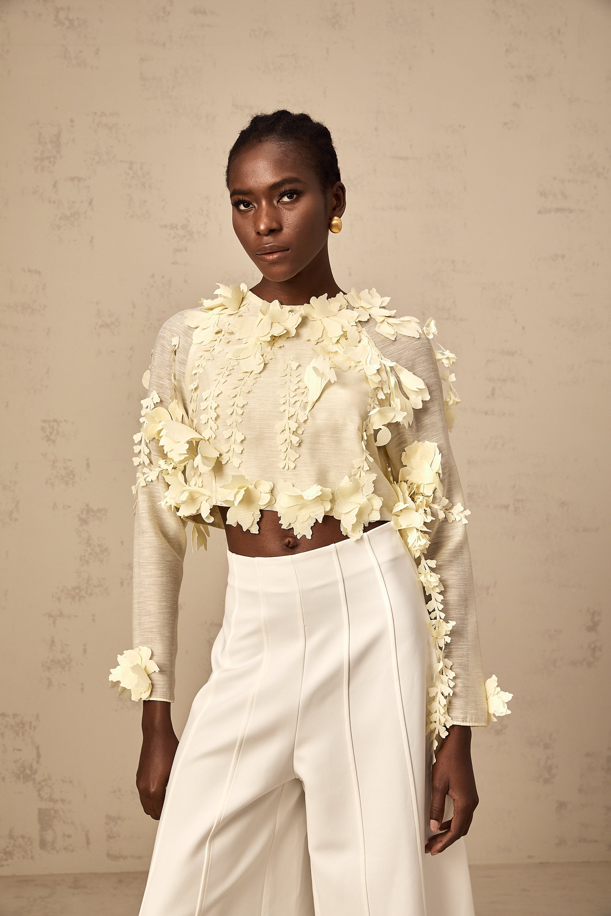 Rosalie light-yellow 3d-petal cropped blouse