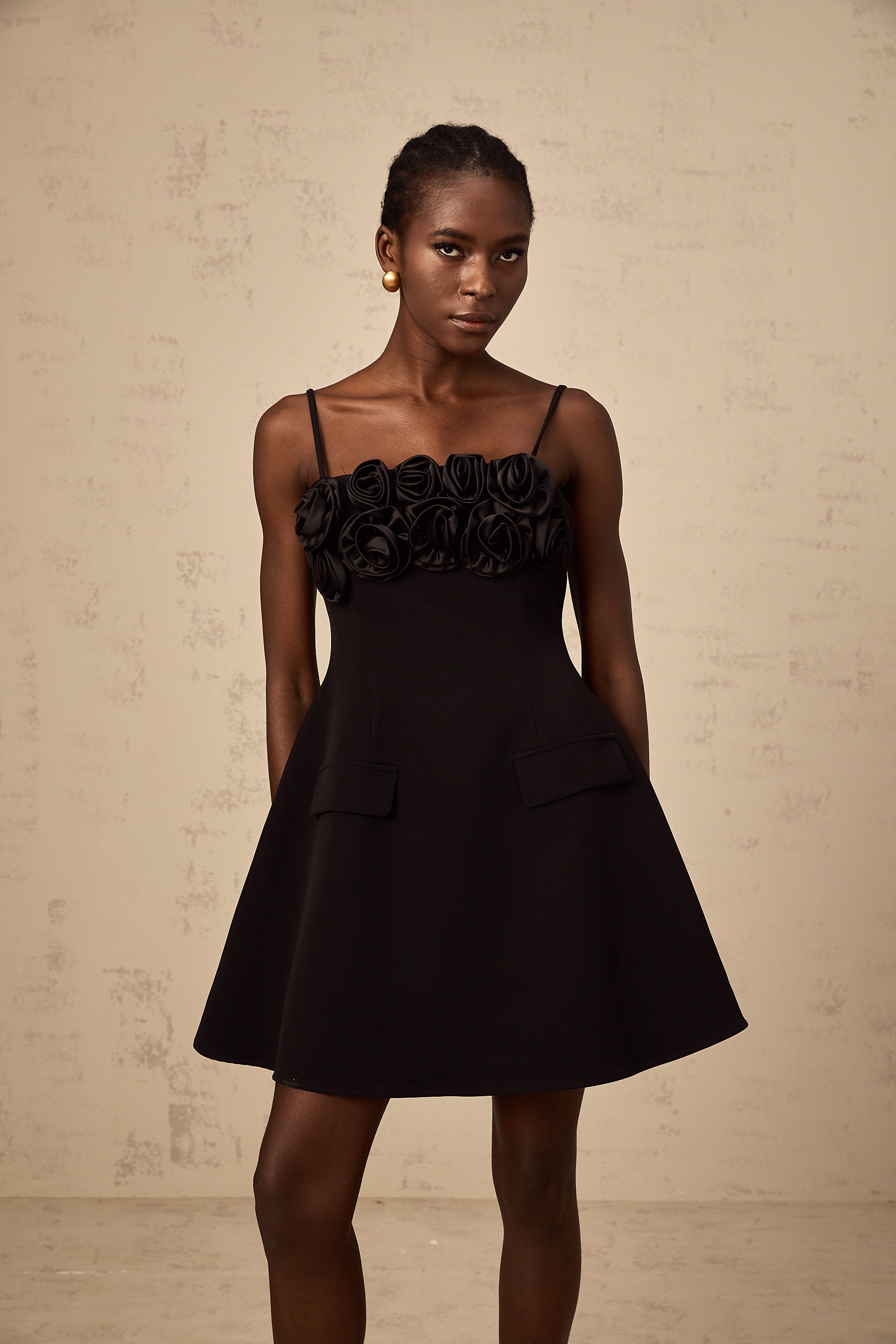 Mignon rose-appliqué flared mini dress in Black