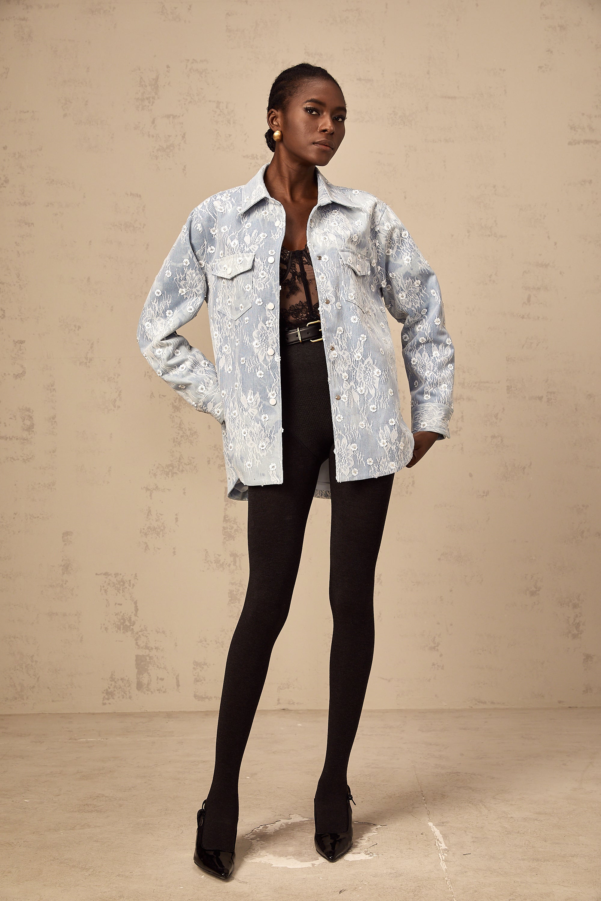 Blanche blue sequined floral-appliqué denim jacket