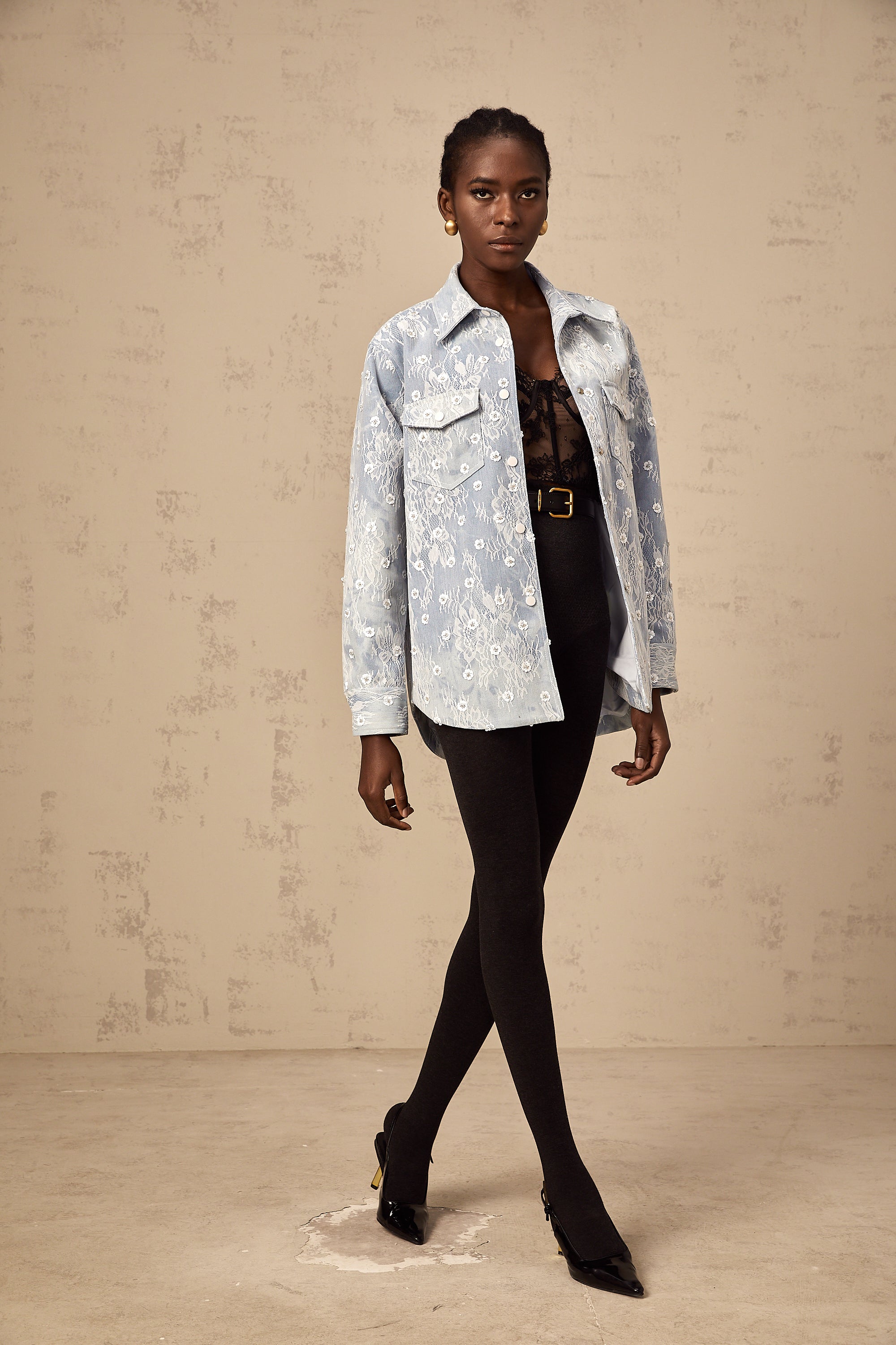 Blanche blue sequined floral-appliqué denim jacket