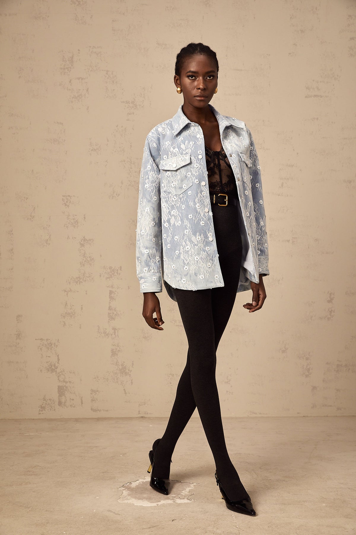 Blanche blue sequined floral-appliqué denim jacket
