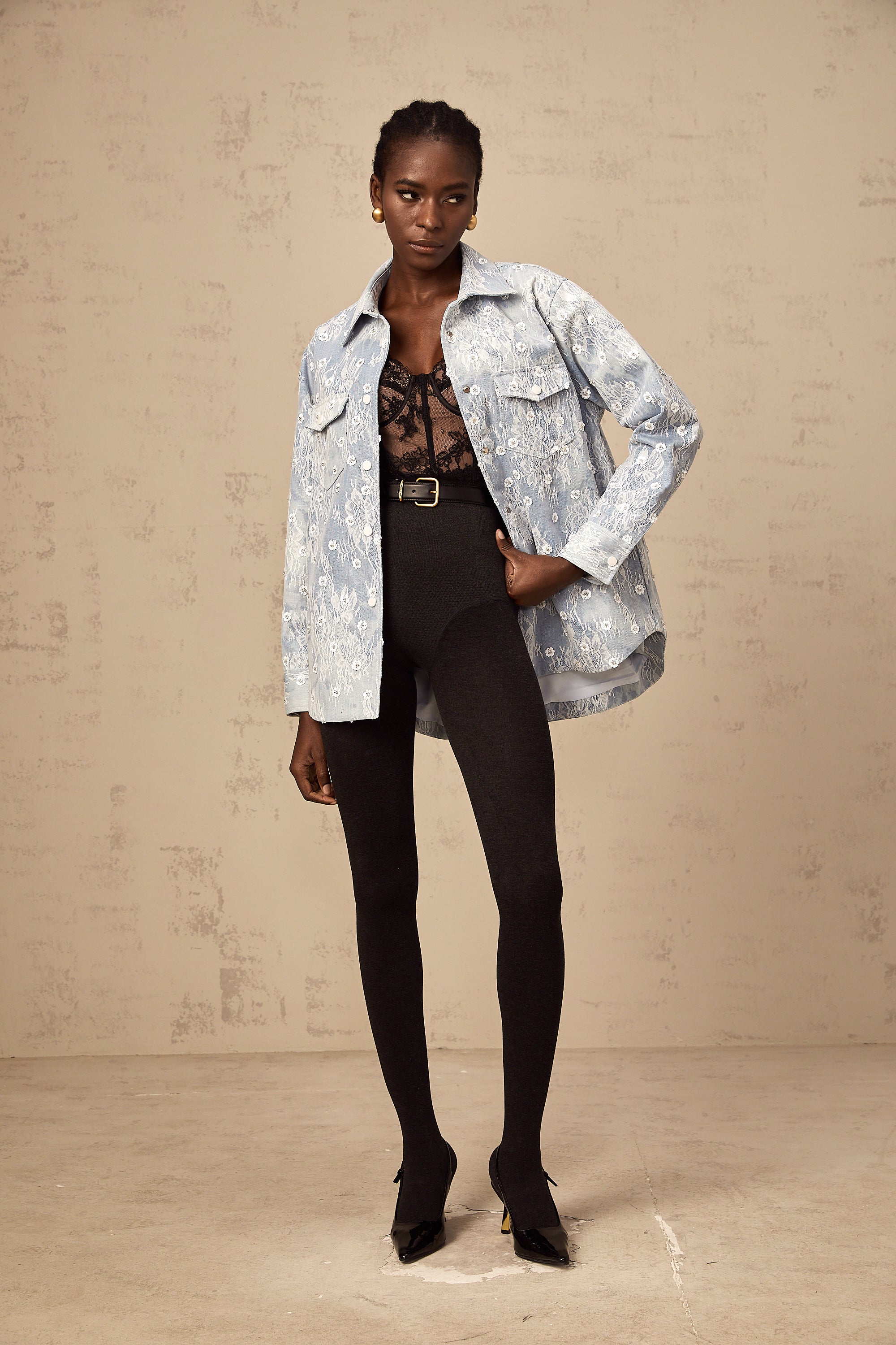 Blanche blue sequined floral-appliqué denim jacket