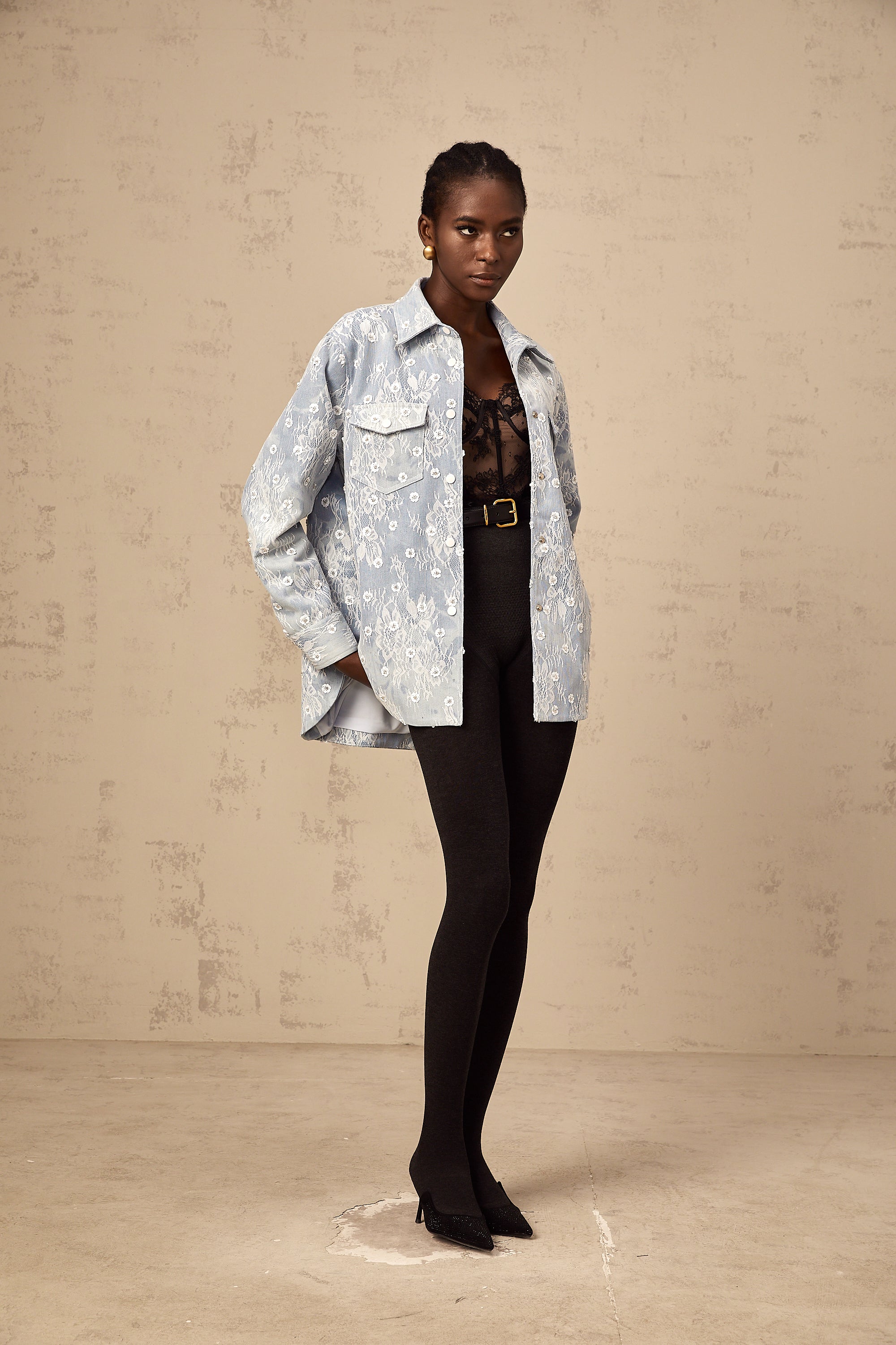 Blanche blue sequined floral-appliqué denim jacket