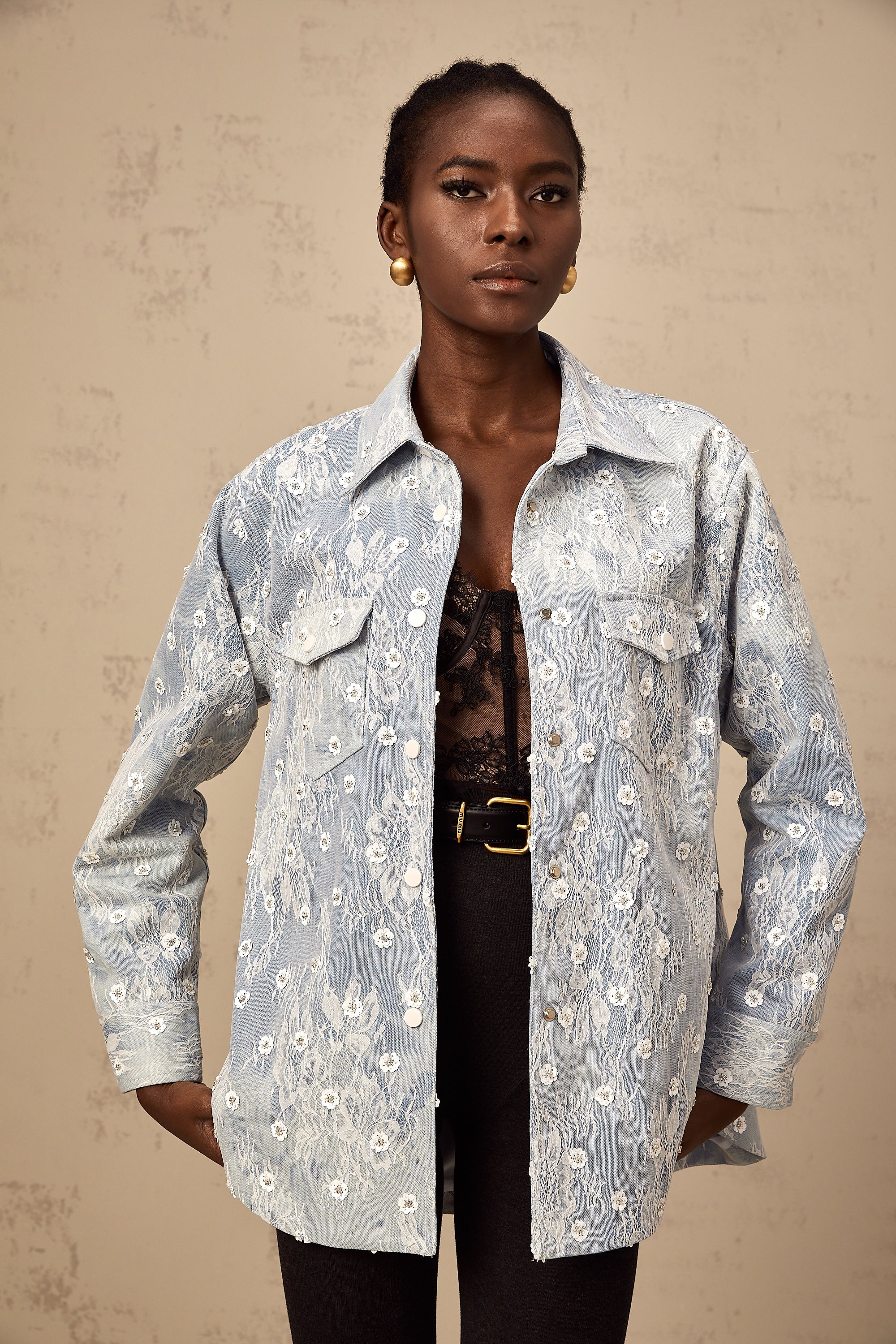 Blanche blue sequined floral-appliqué denim jacket