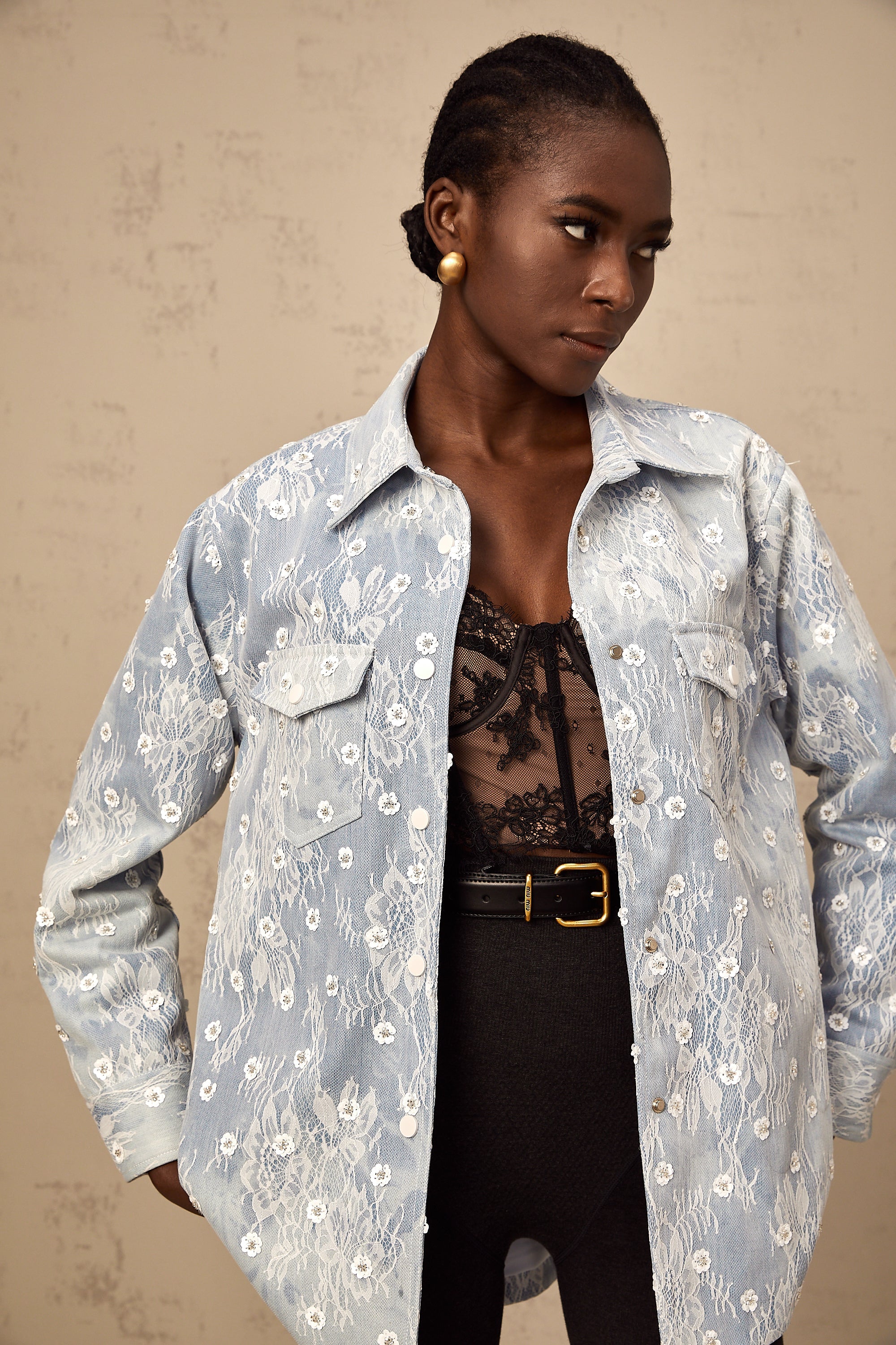 Blanche blue sequined floral-appliqué denim jacket