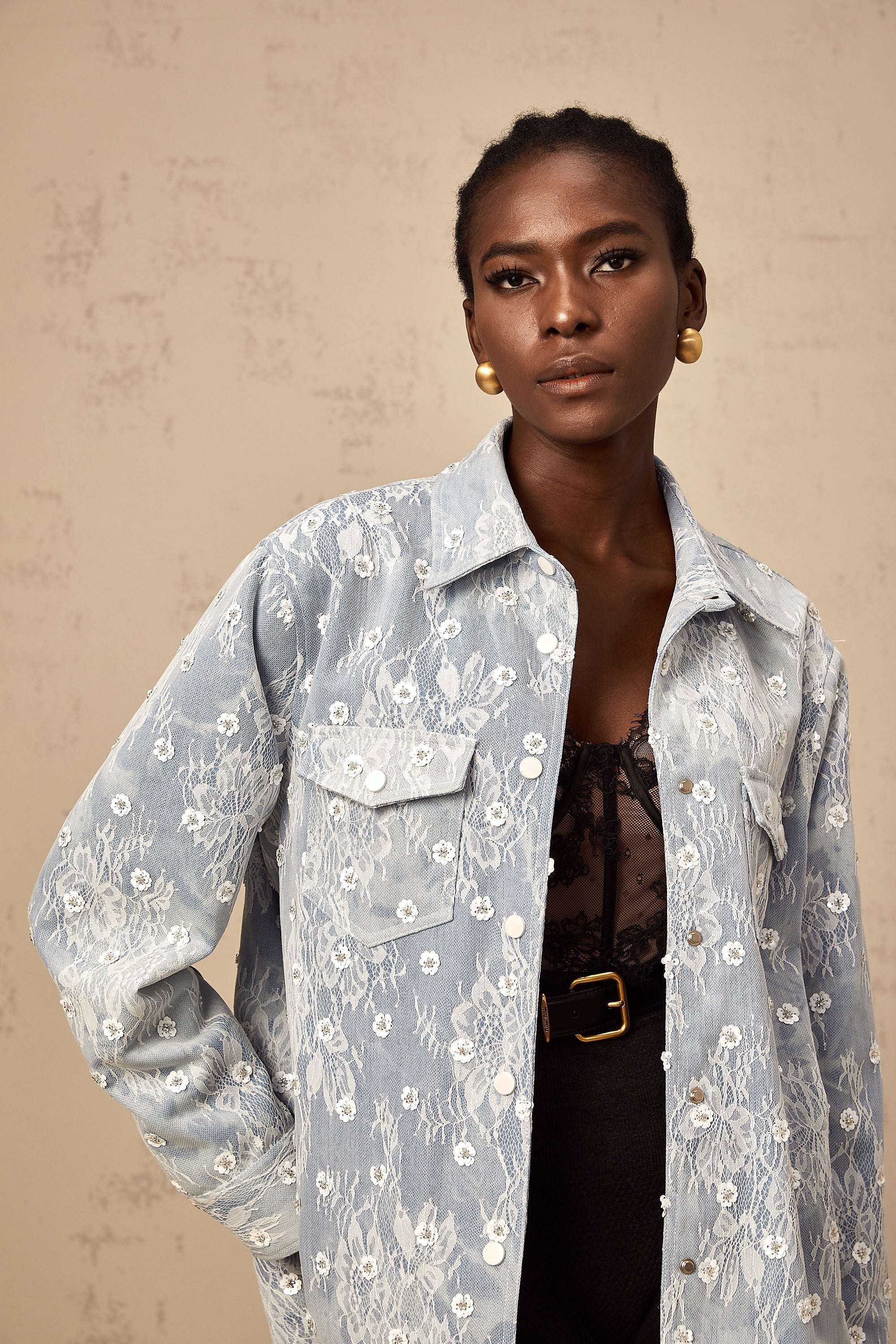 Blanche blue sequined floral-appliqué denim jacket