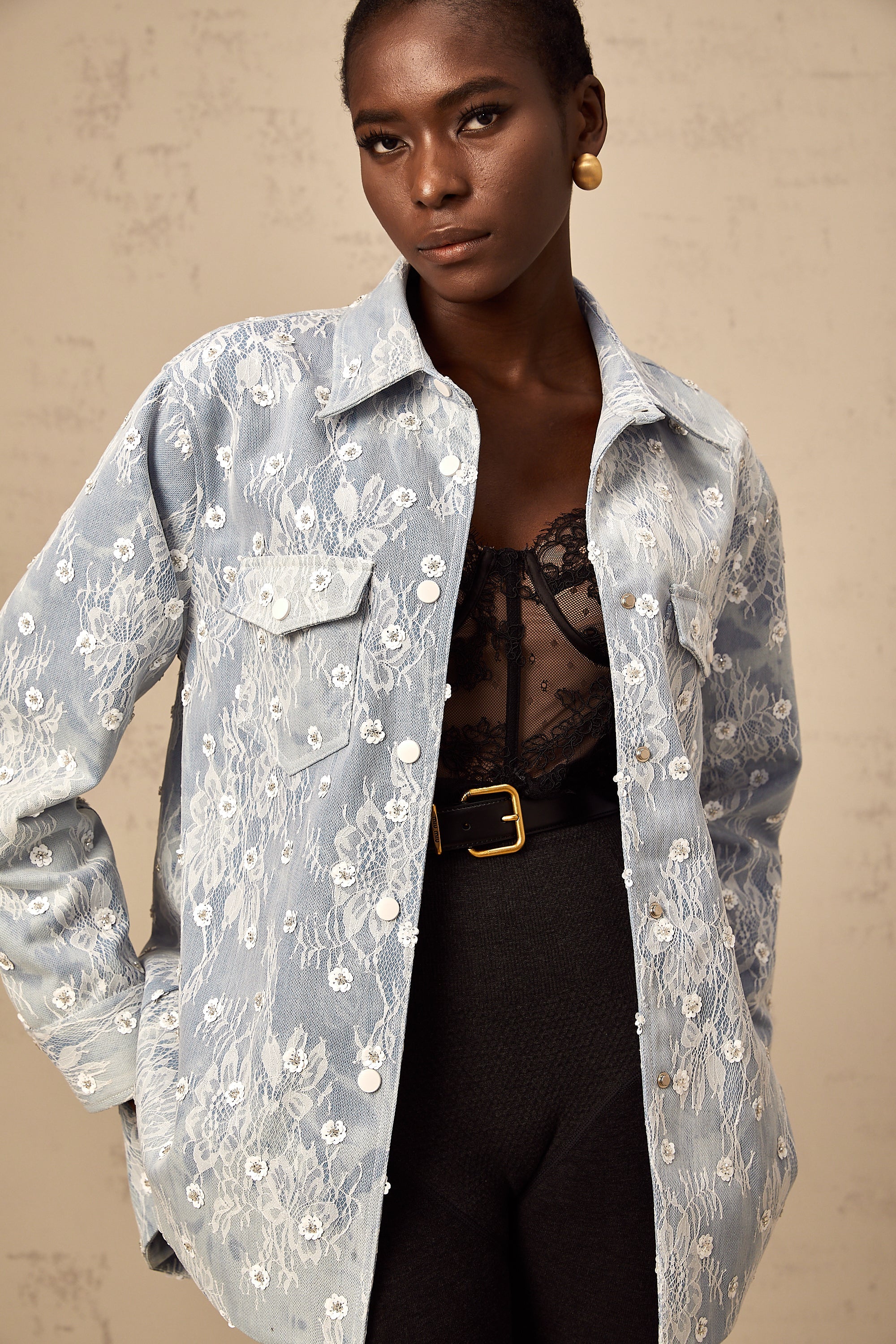 Blanche blue sequined floral-appliqué denim jacket