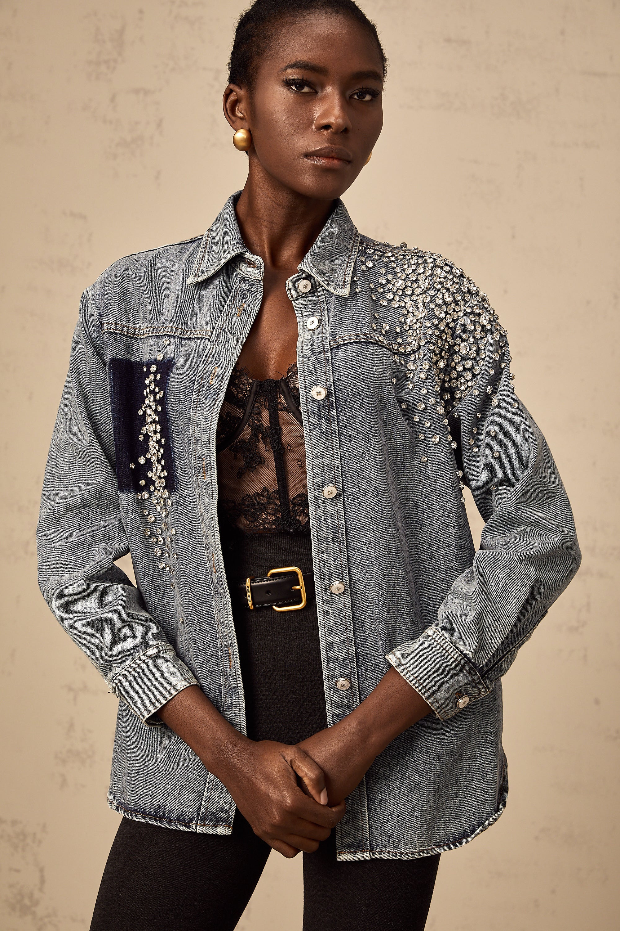 Ségolène blue rhinestone-embellished denim shirt