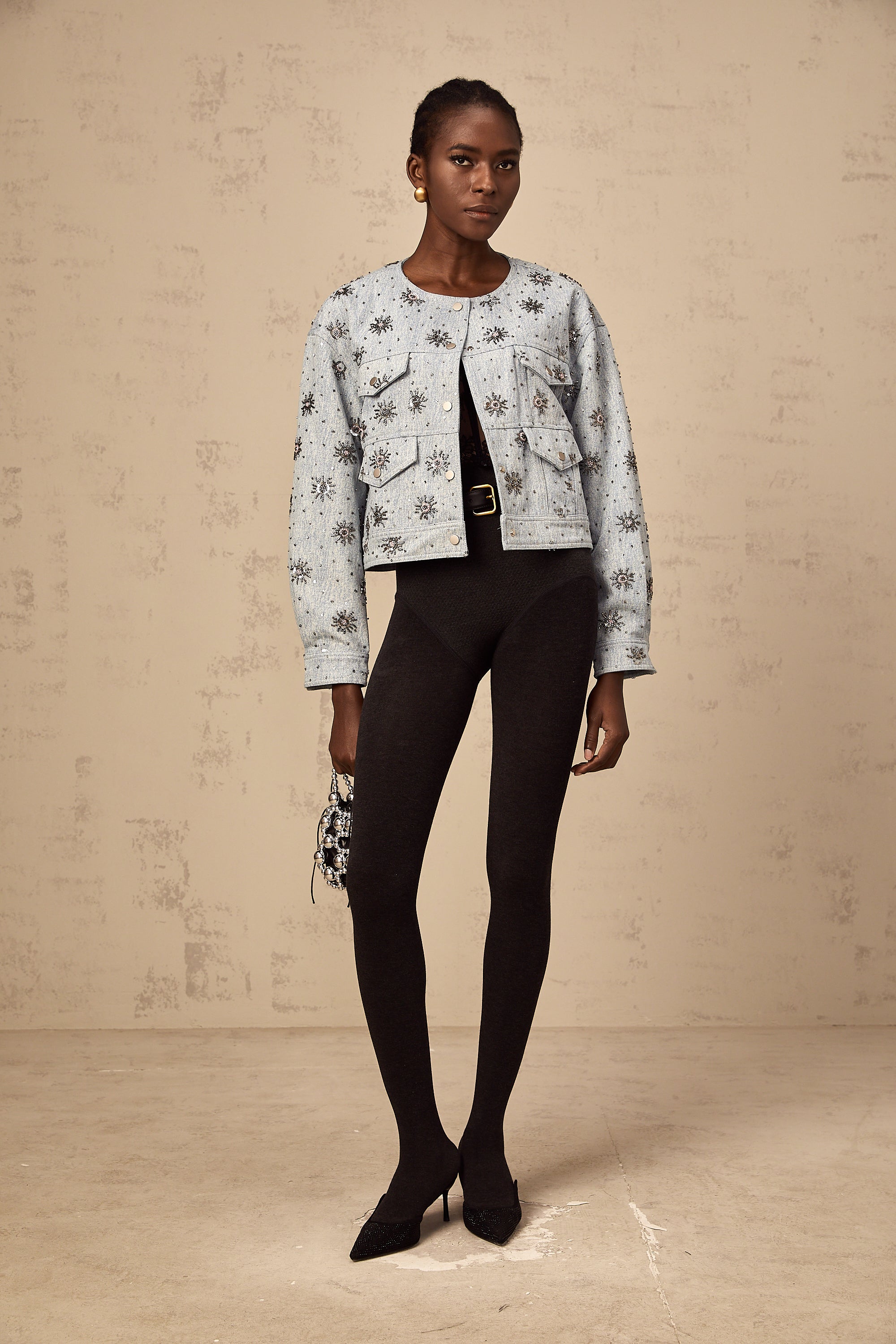 Katell blue studded sun-motif denim jacket