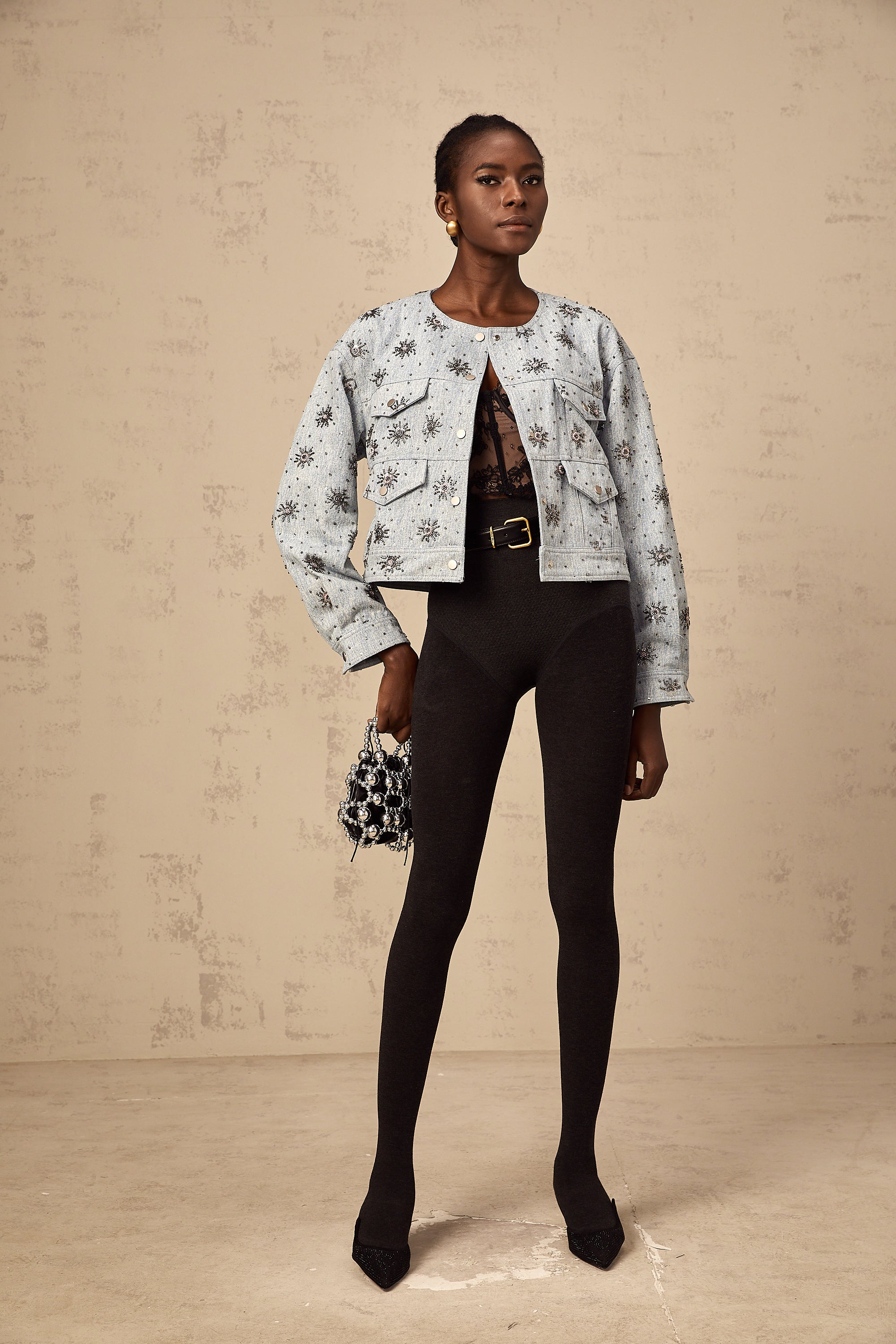 Katell blue studded sun-motif denim jacket