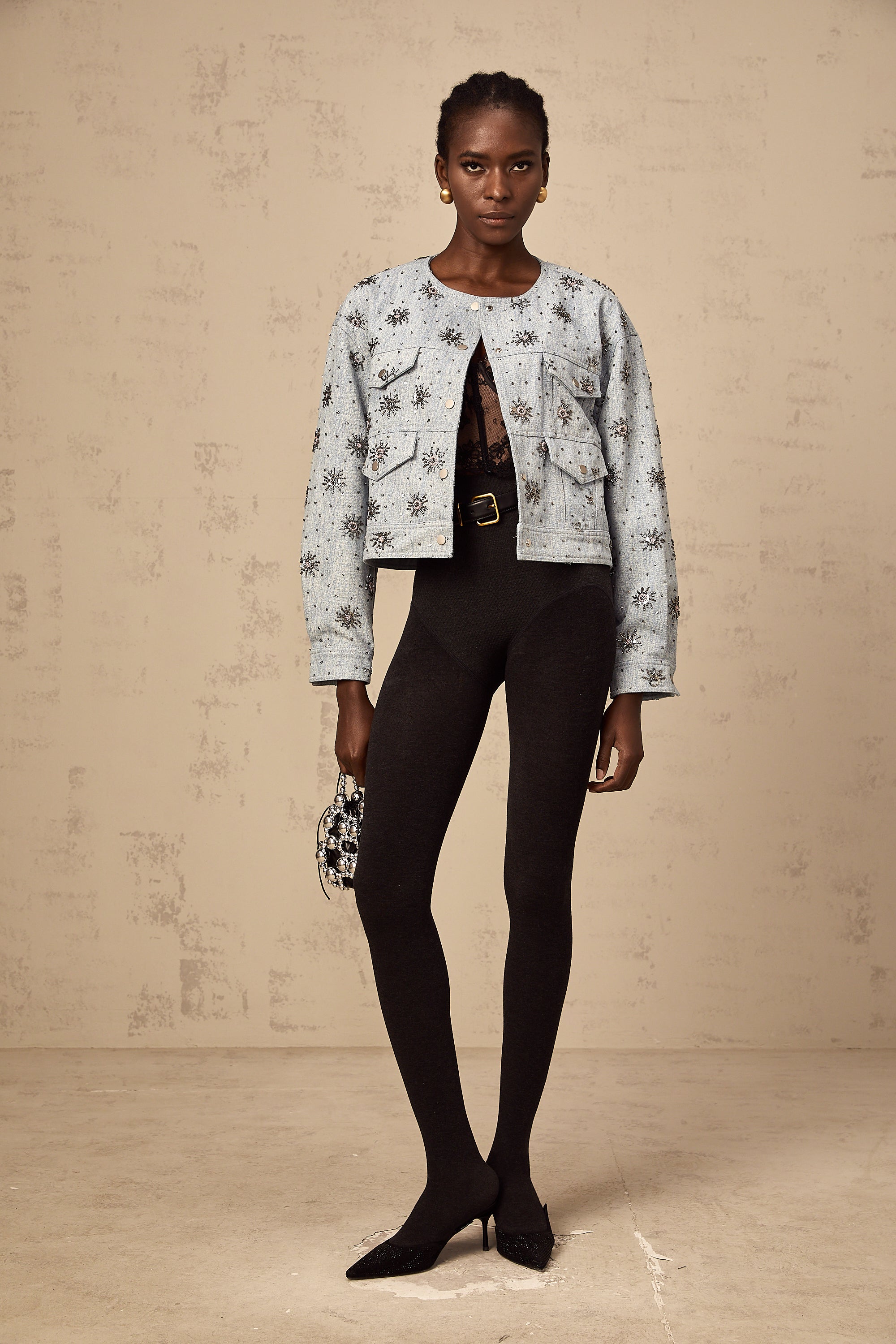 Katell blue studded sun-motif denim jacket