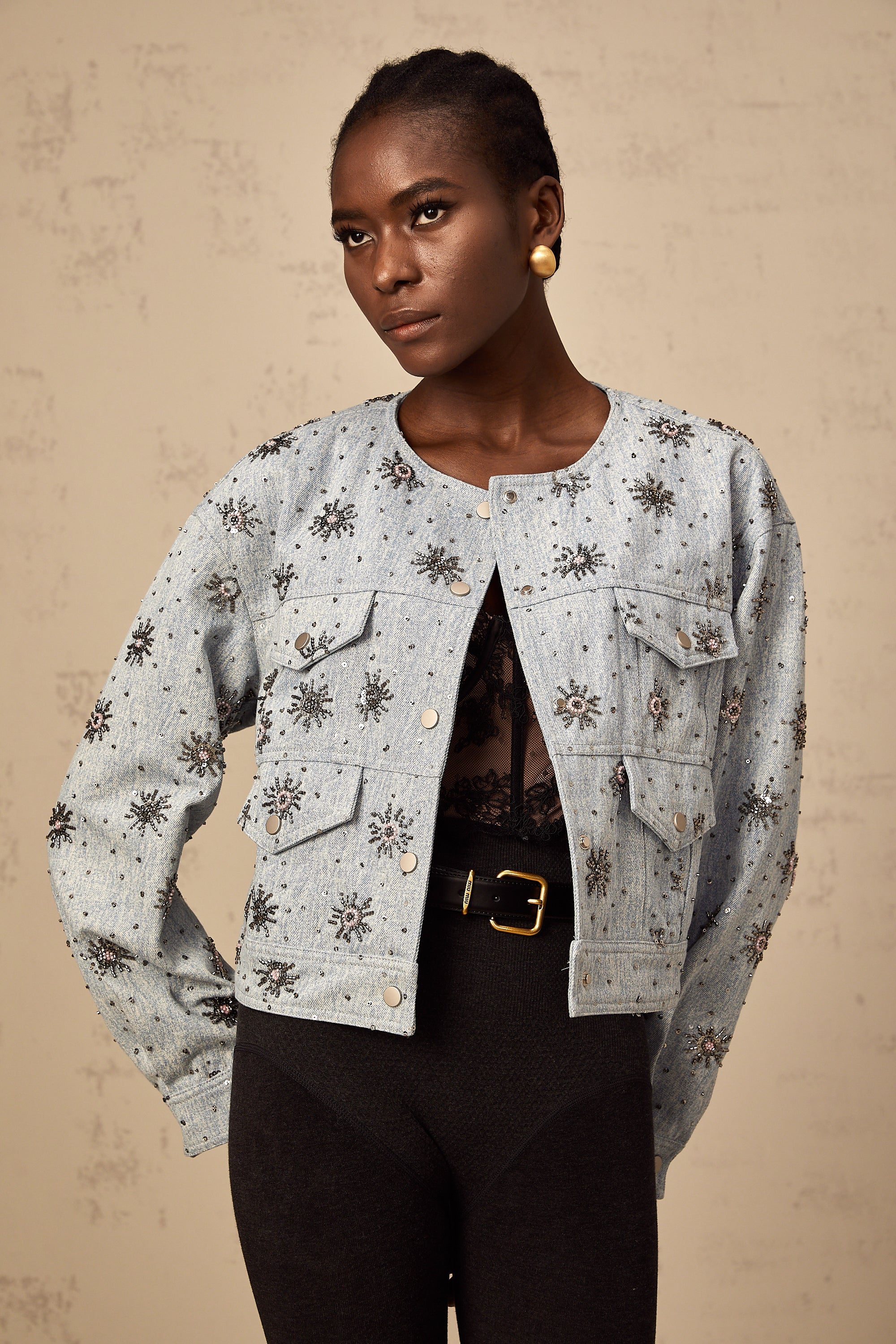 Katell blue studded sun-motif denim jacket