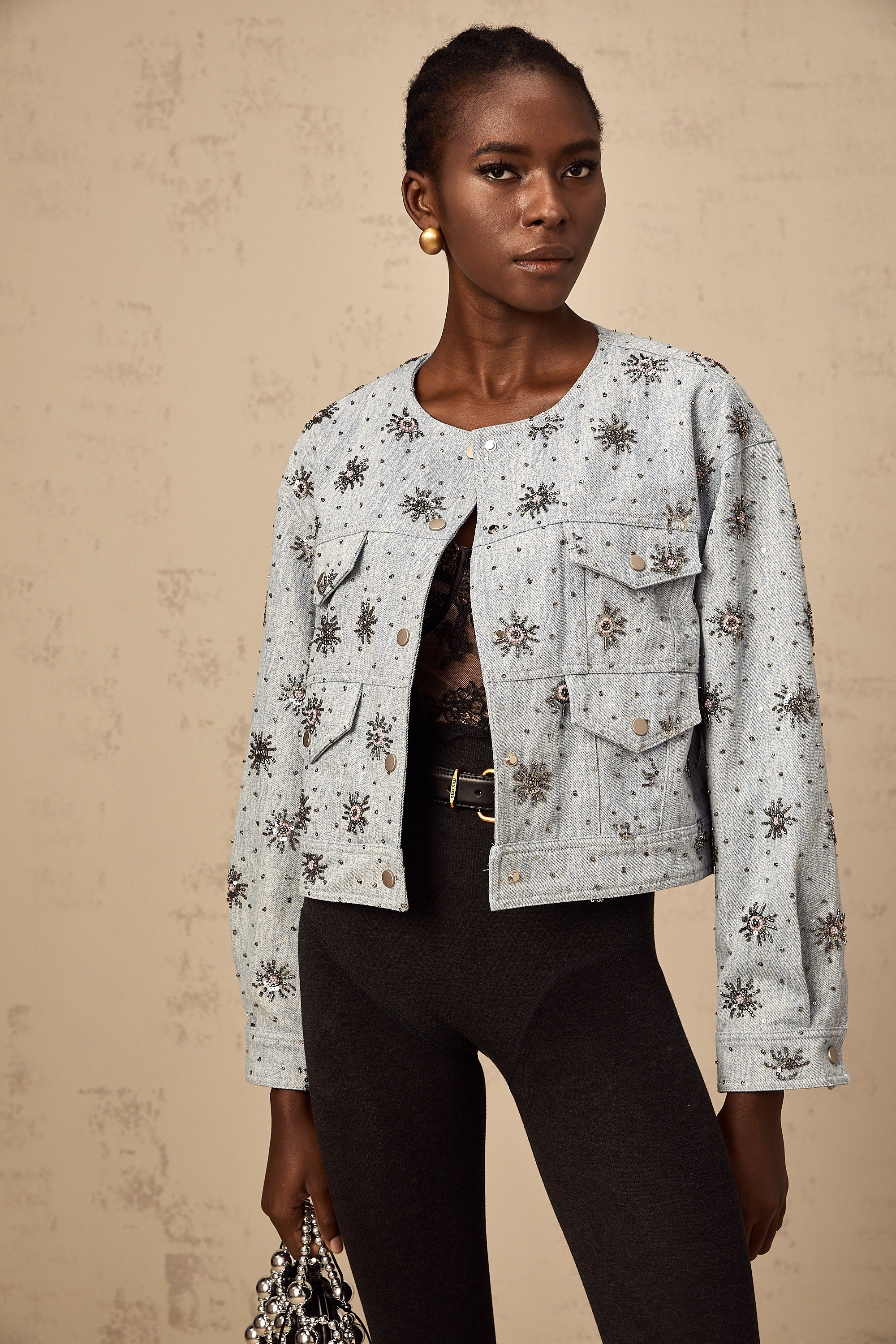 Katell blue studded sun-motif denim jacket