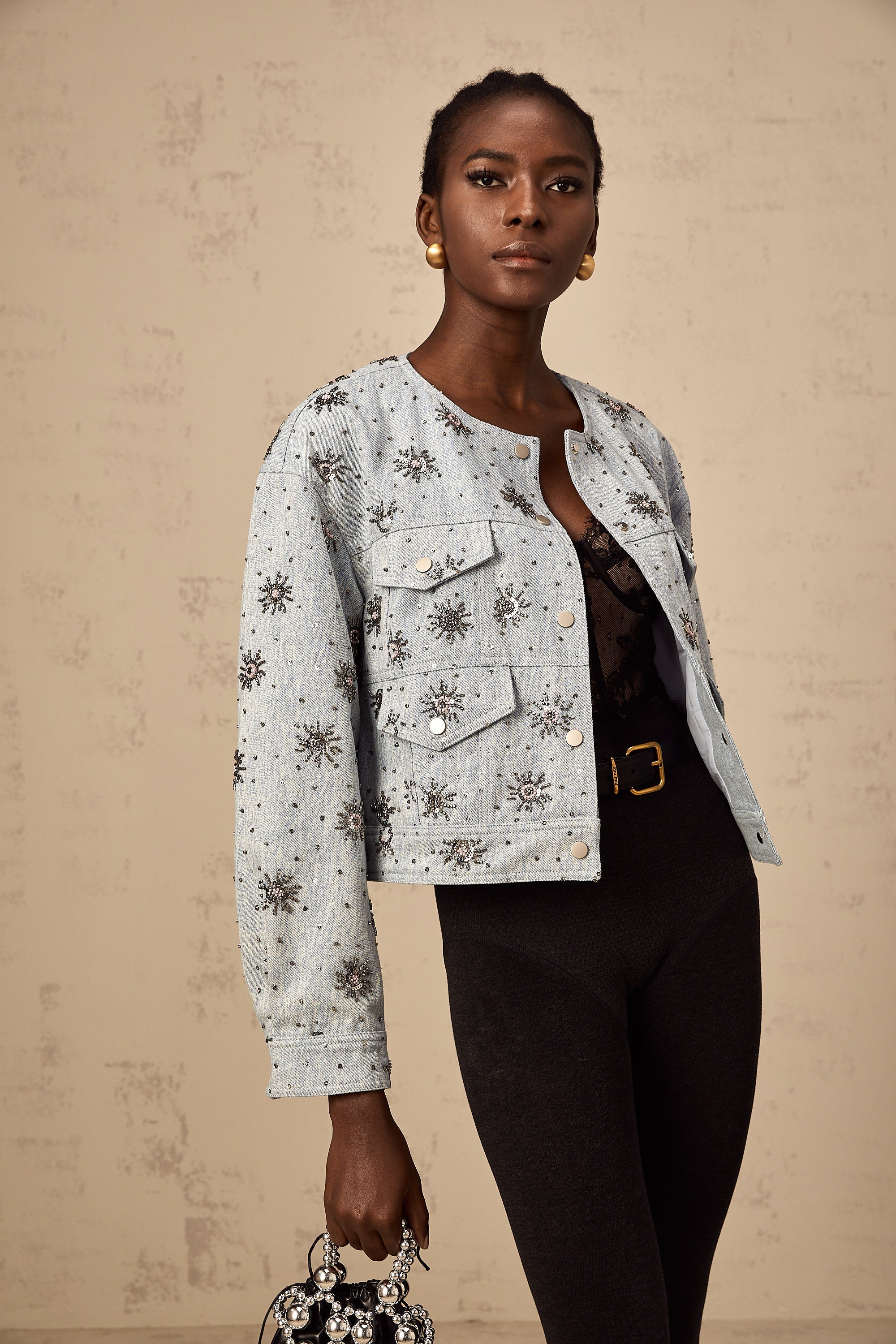 Katell blue studded sun-motif denim jacket