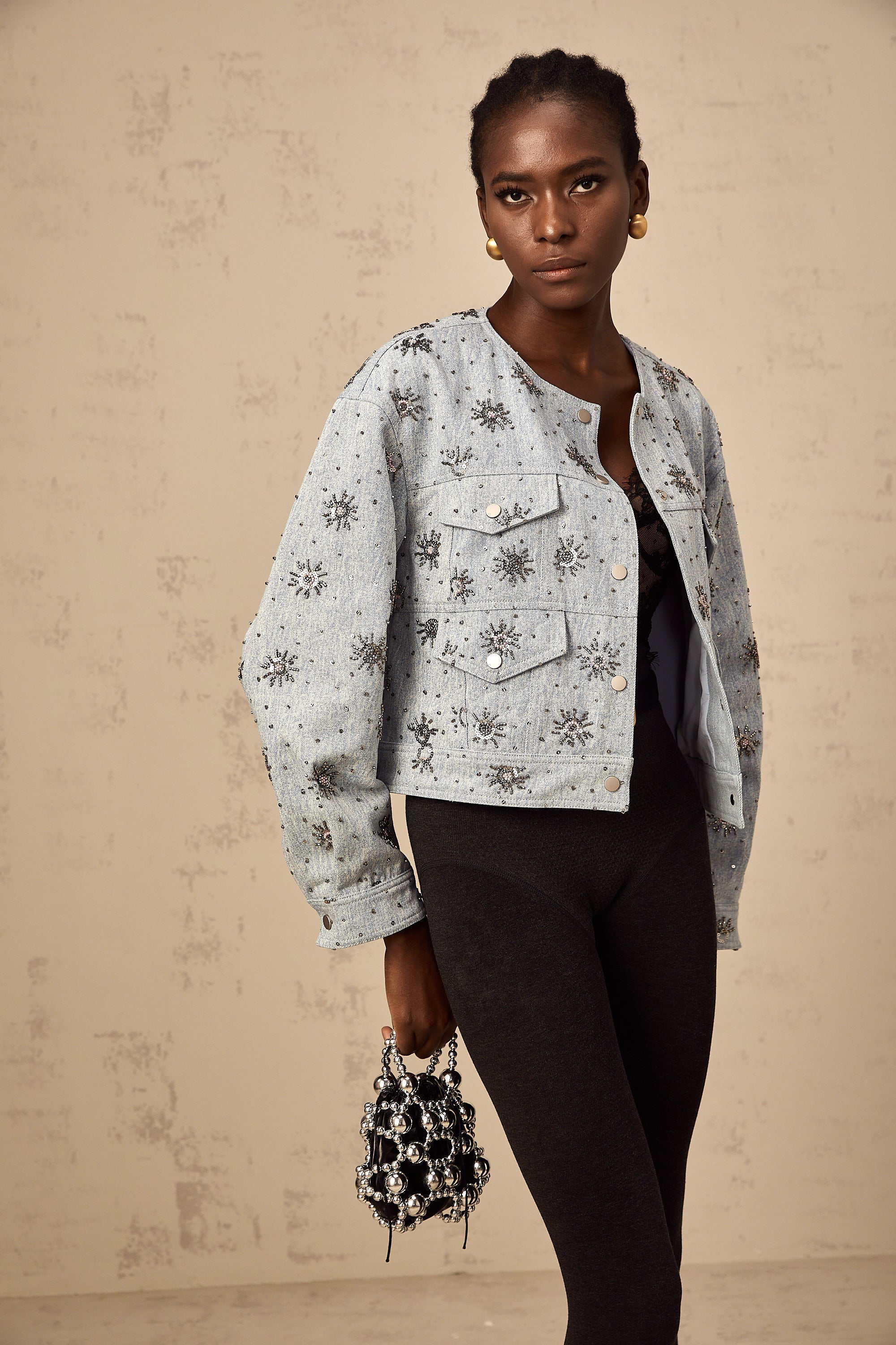 Katell blue studded sun-motif denim jacket