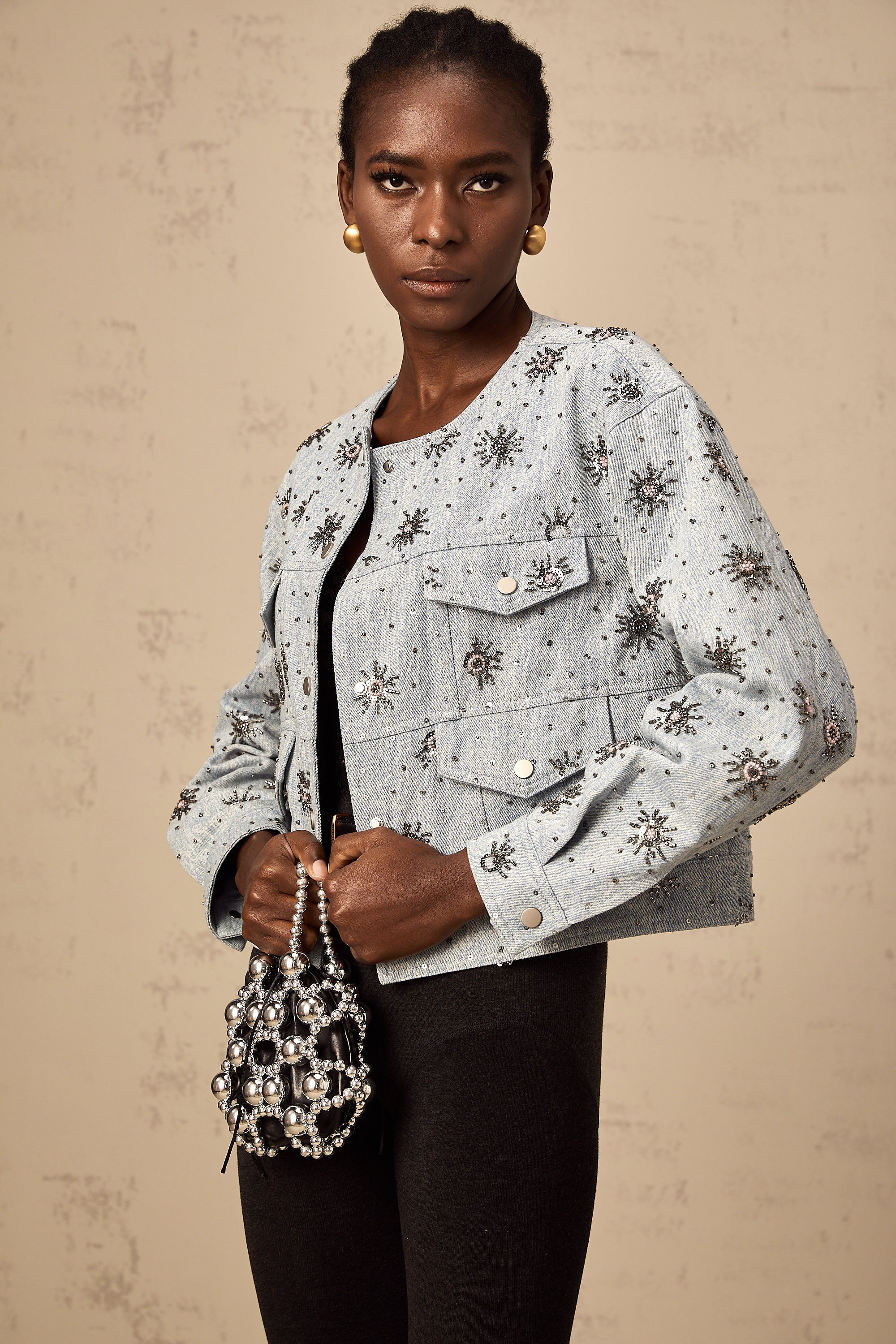 Katell blue studded sun-motif denim jacket