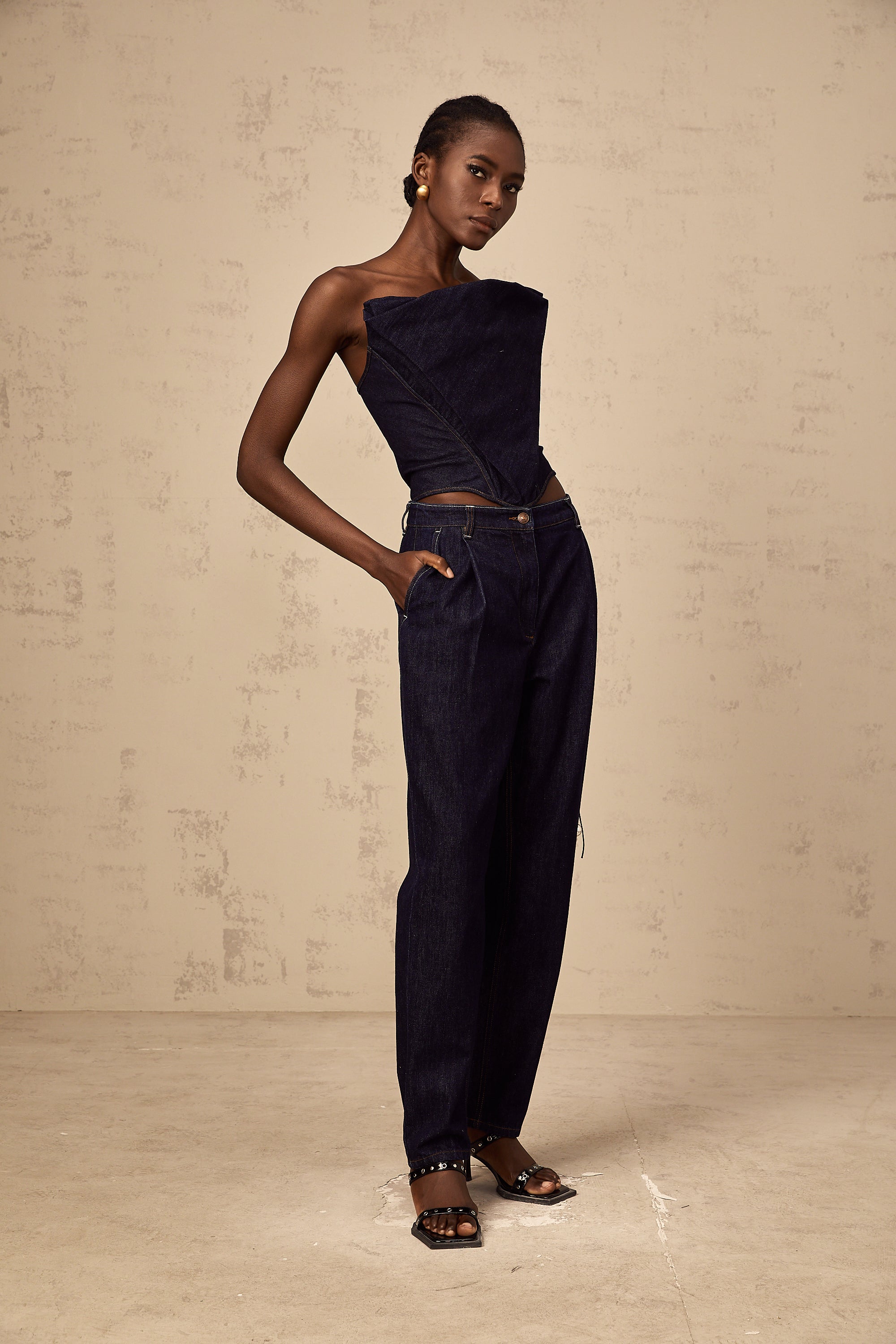Kléber dark-blue off-shoulder denim top