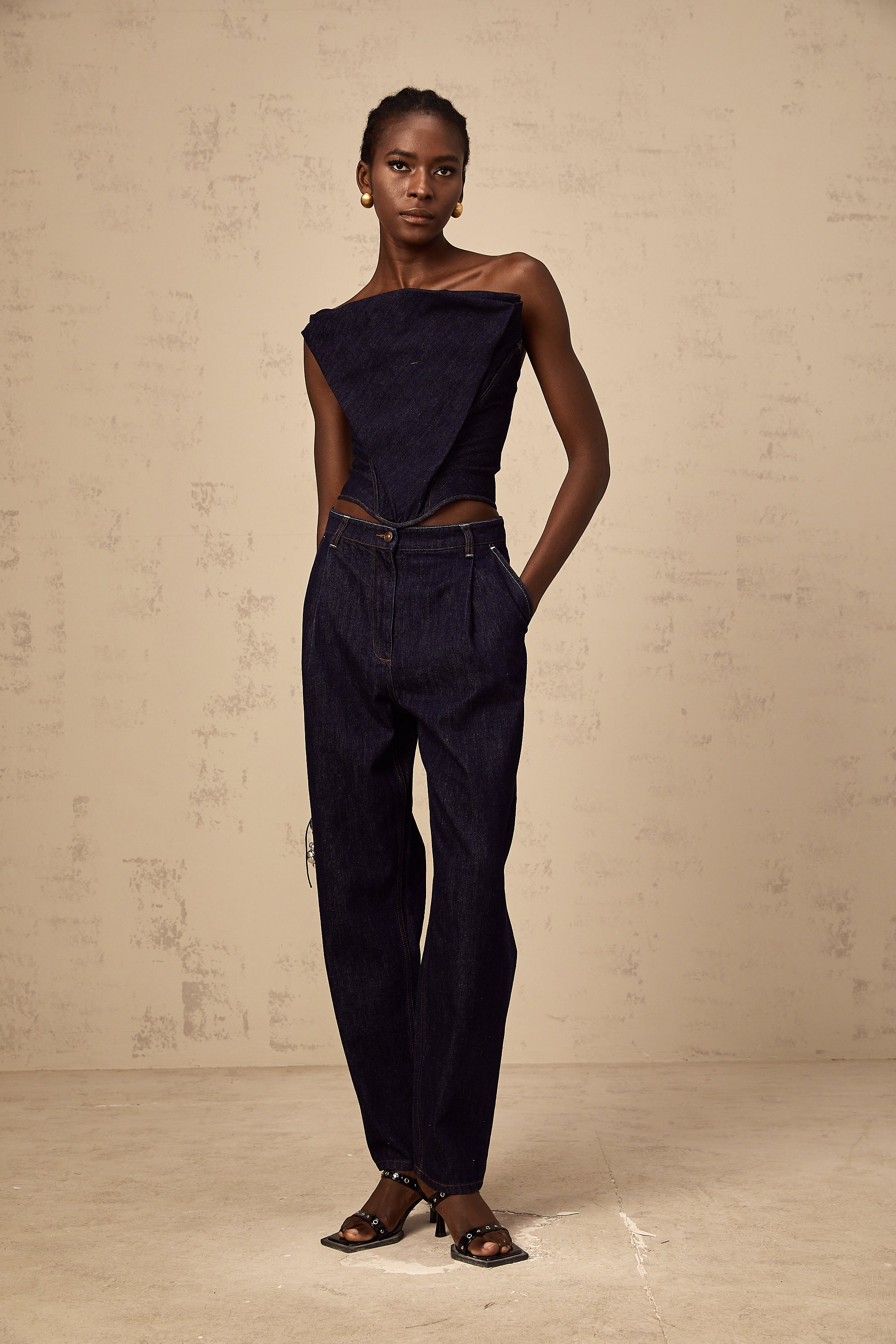 Kléber dark-blue off-shoulder denim top