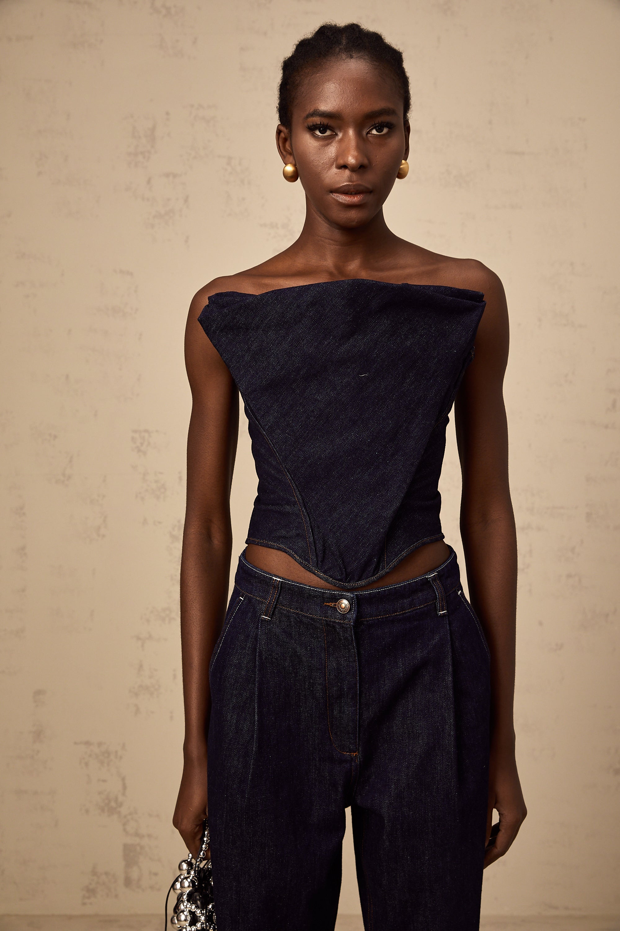 Kléber dark-blue off-shoulder denim top