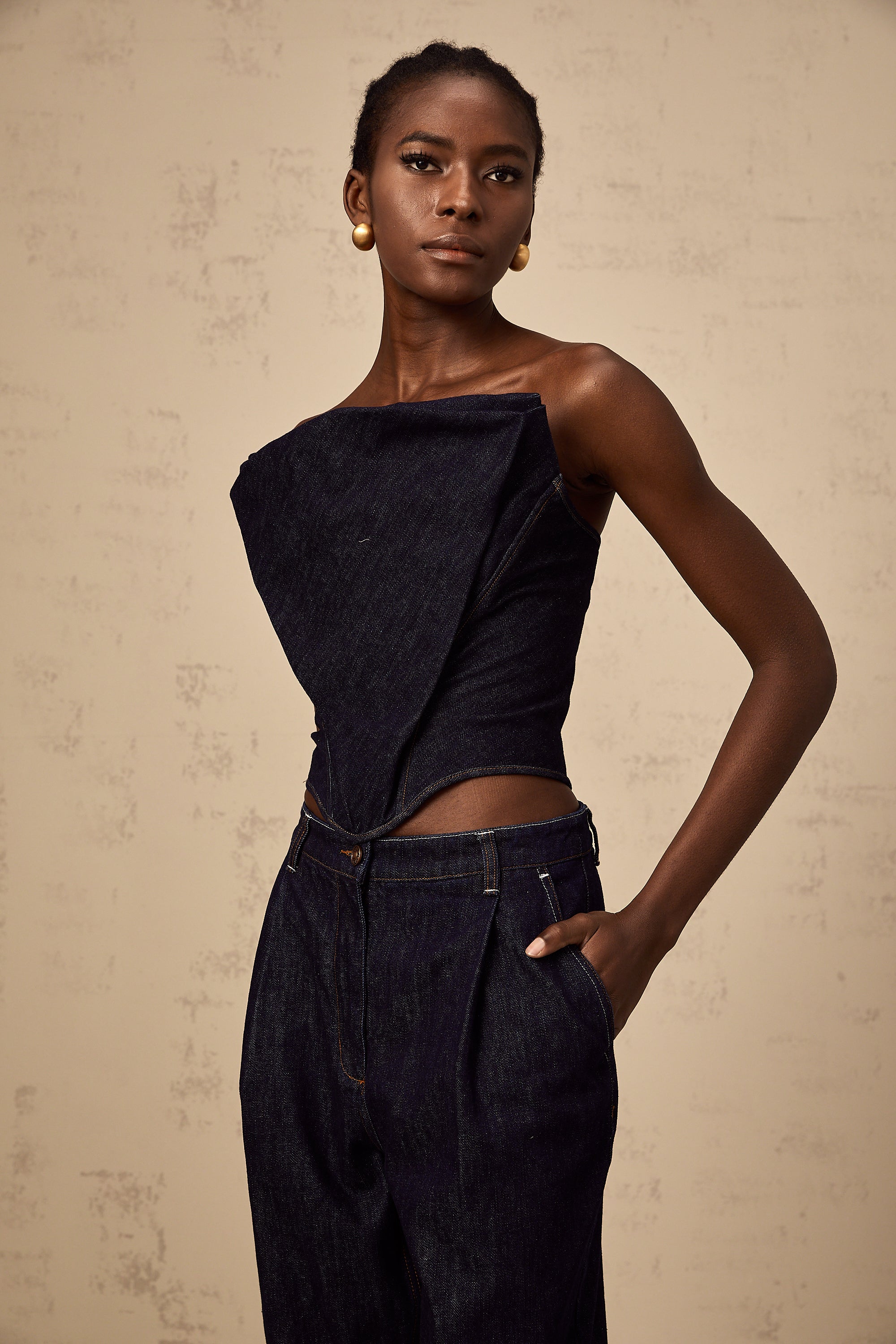 Kléber dark-blue off-shoulder denim top