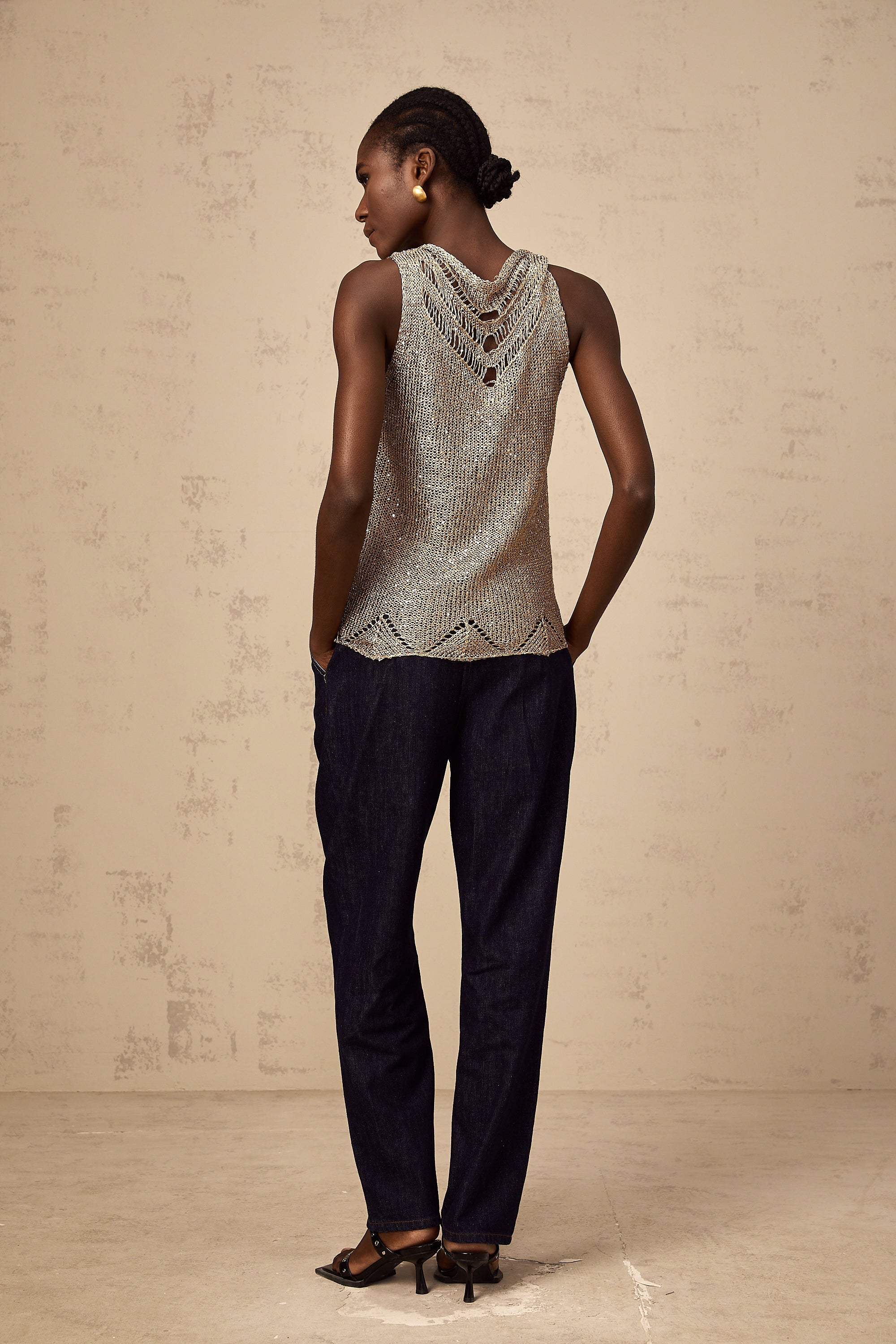 Cyrine gold sequined crochet vest top