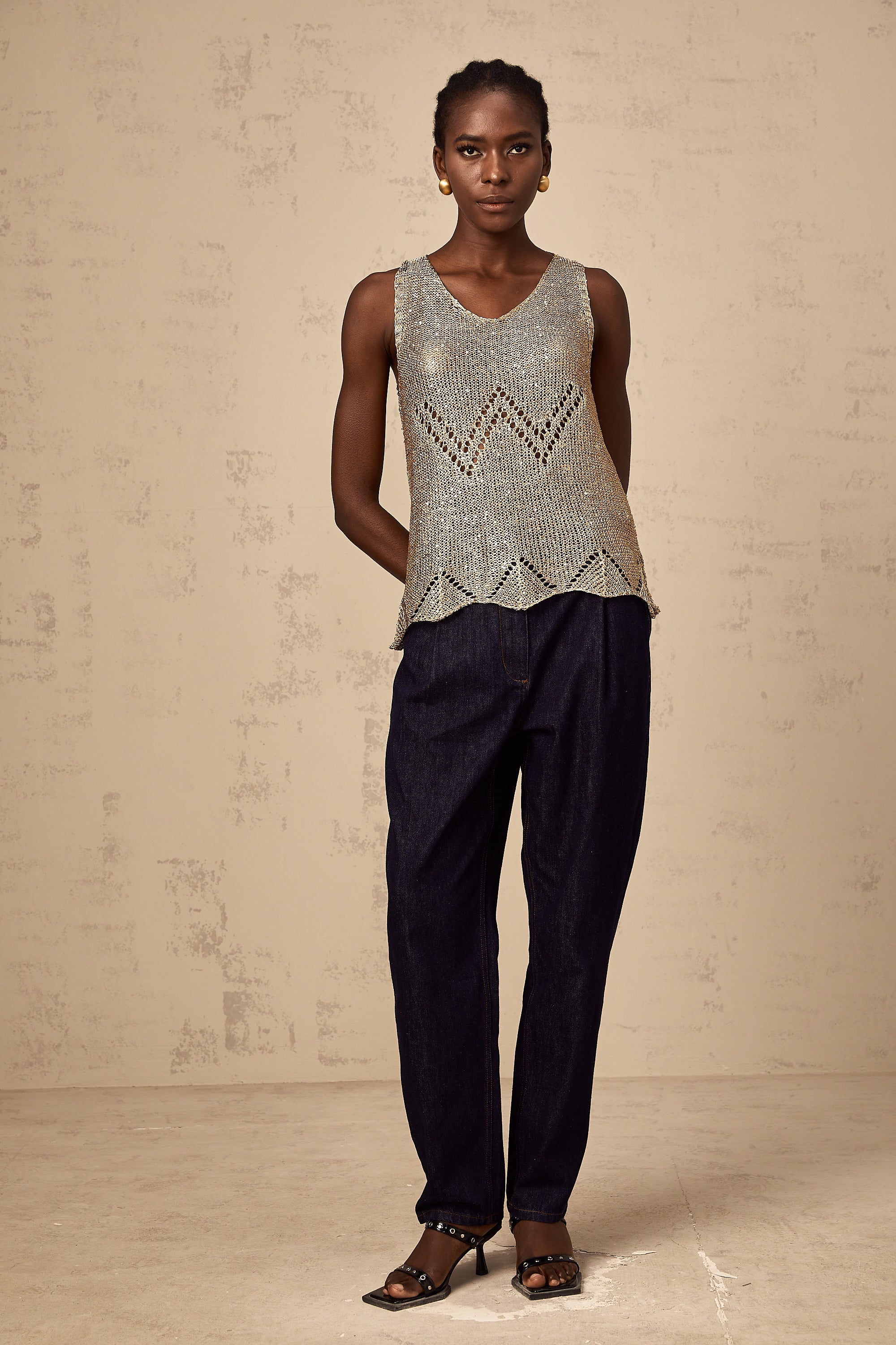 Cyrine gold sequined crochet vest top