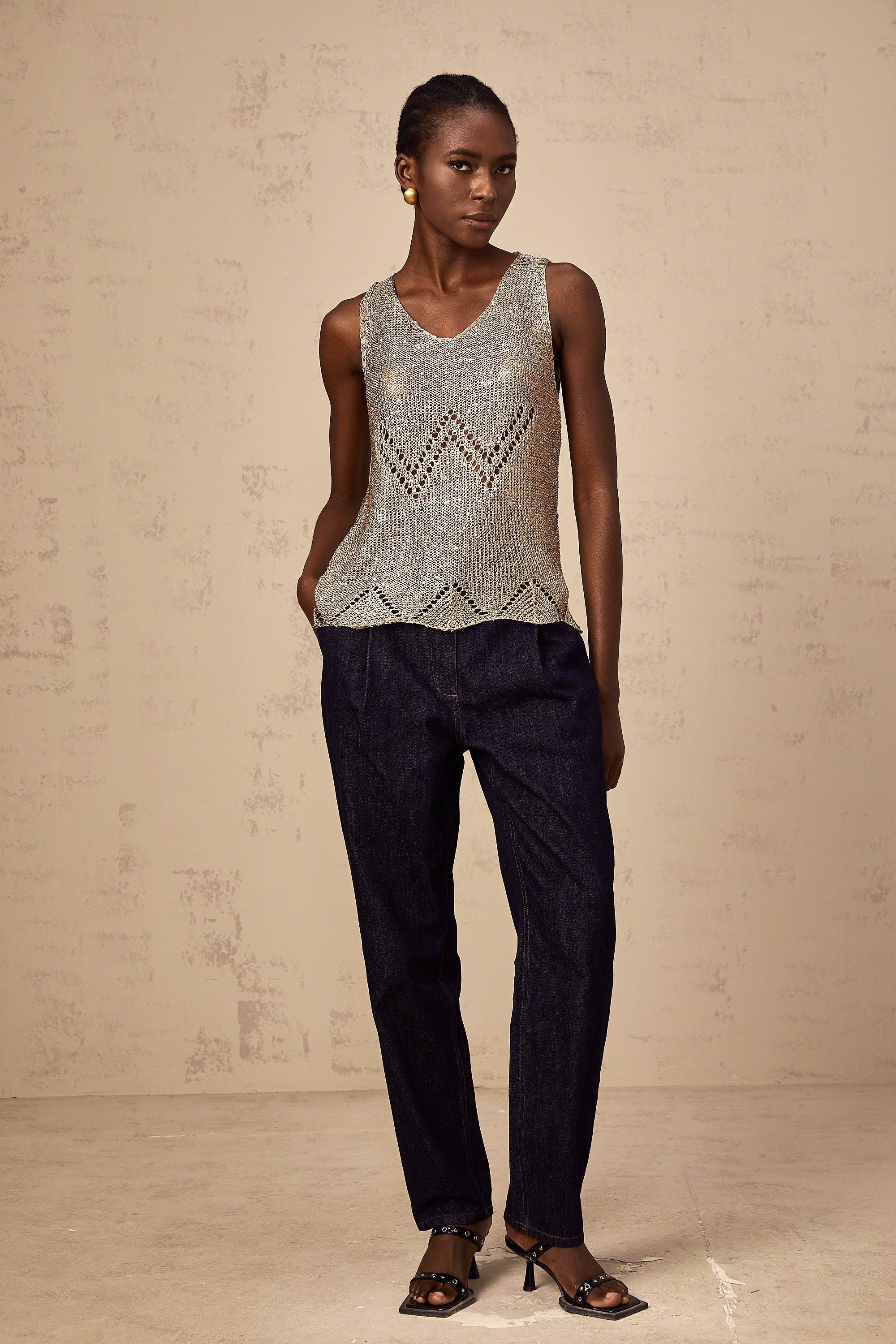 Cyrine gold sequined crochet vest top