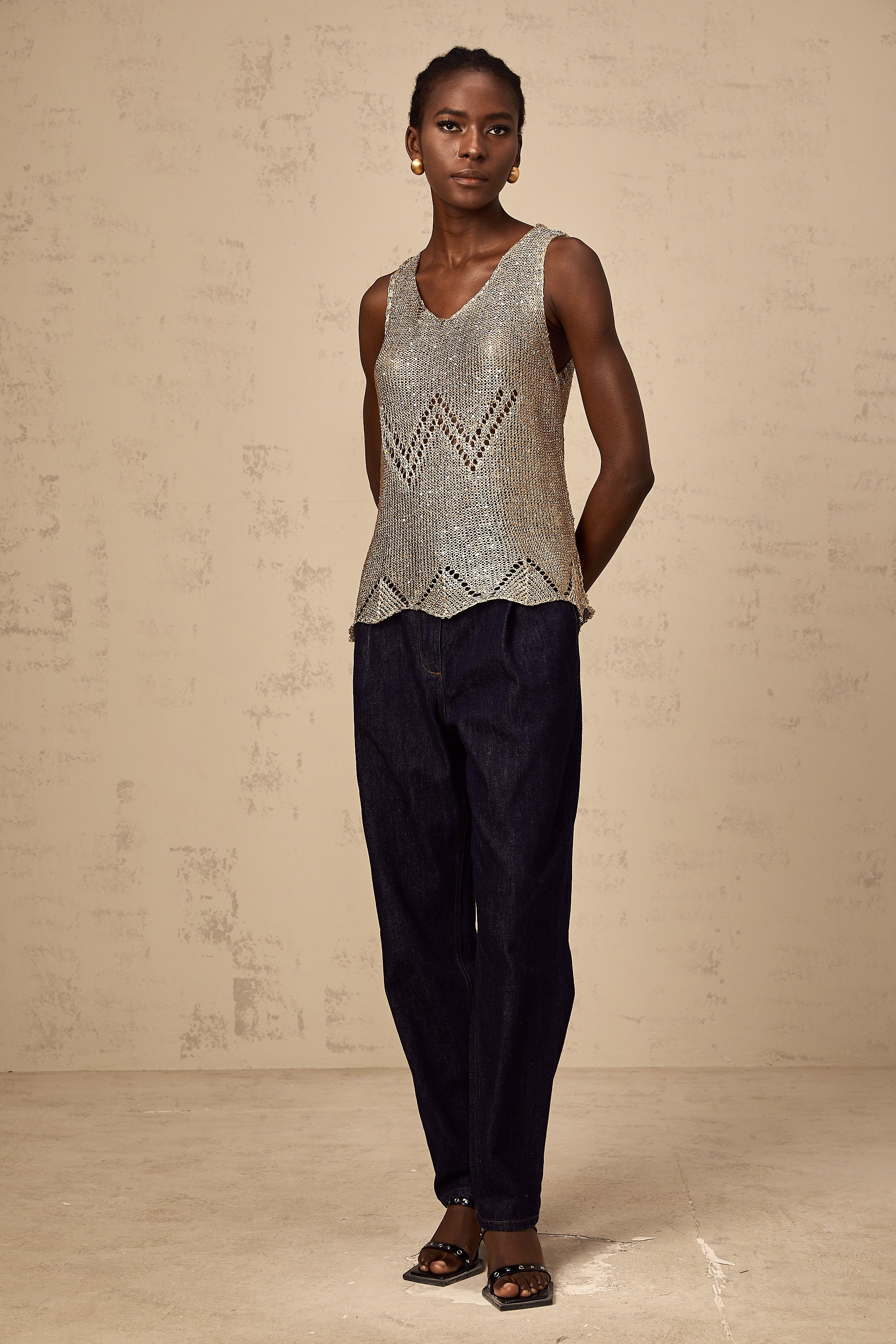 Cyrine gold sequined crochet vest top