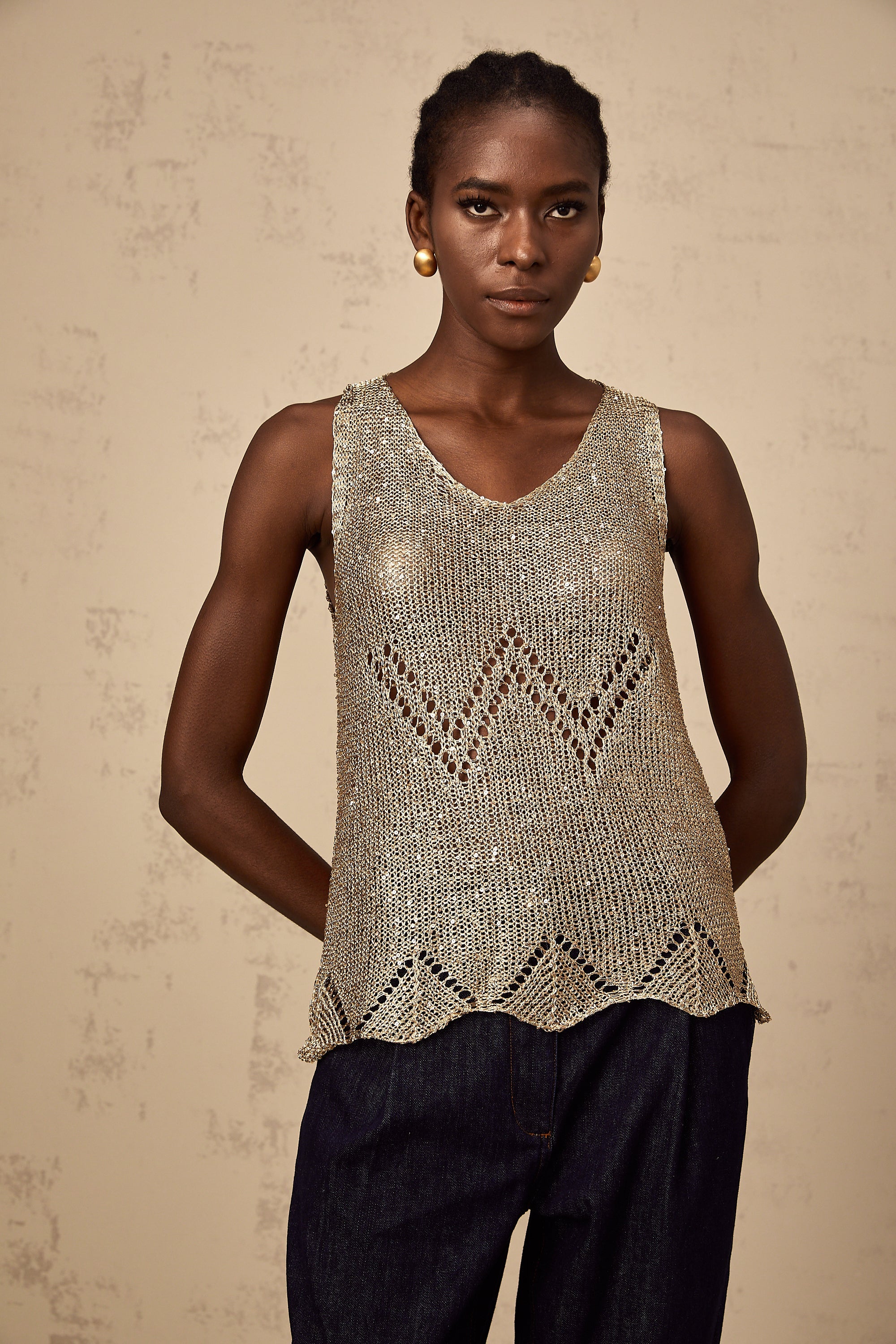 Cyrine gold sequined crochet vest top