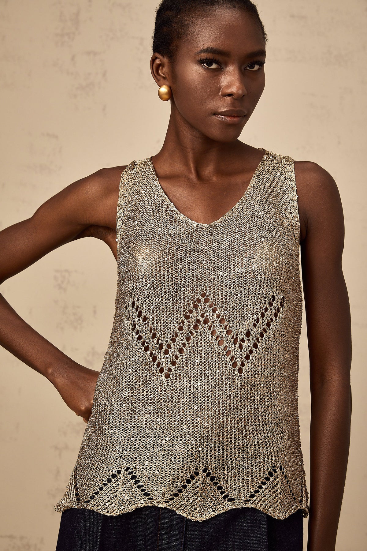 Cyrine gold sequined crochet vest top (Final Sale-US Only)