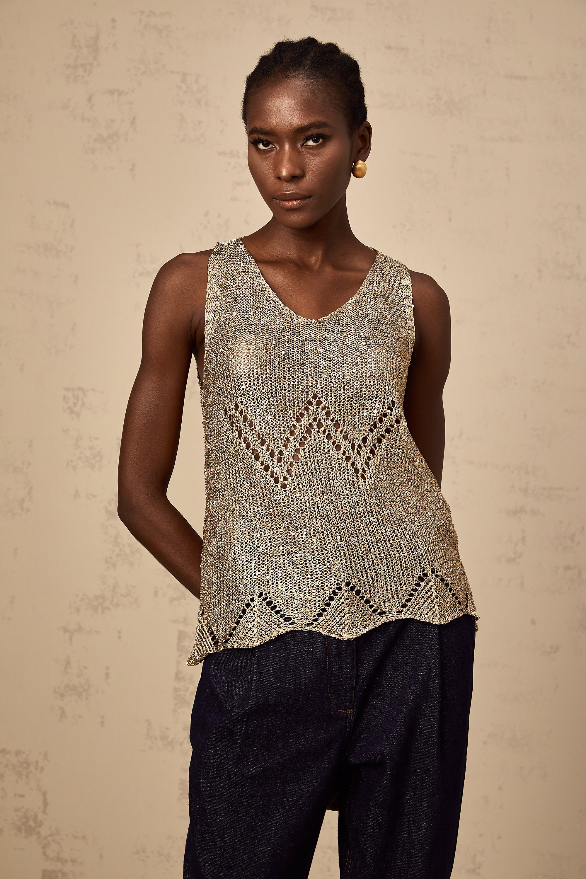 Cyrine gold sequined crochet vest top