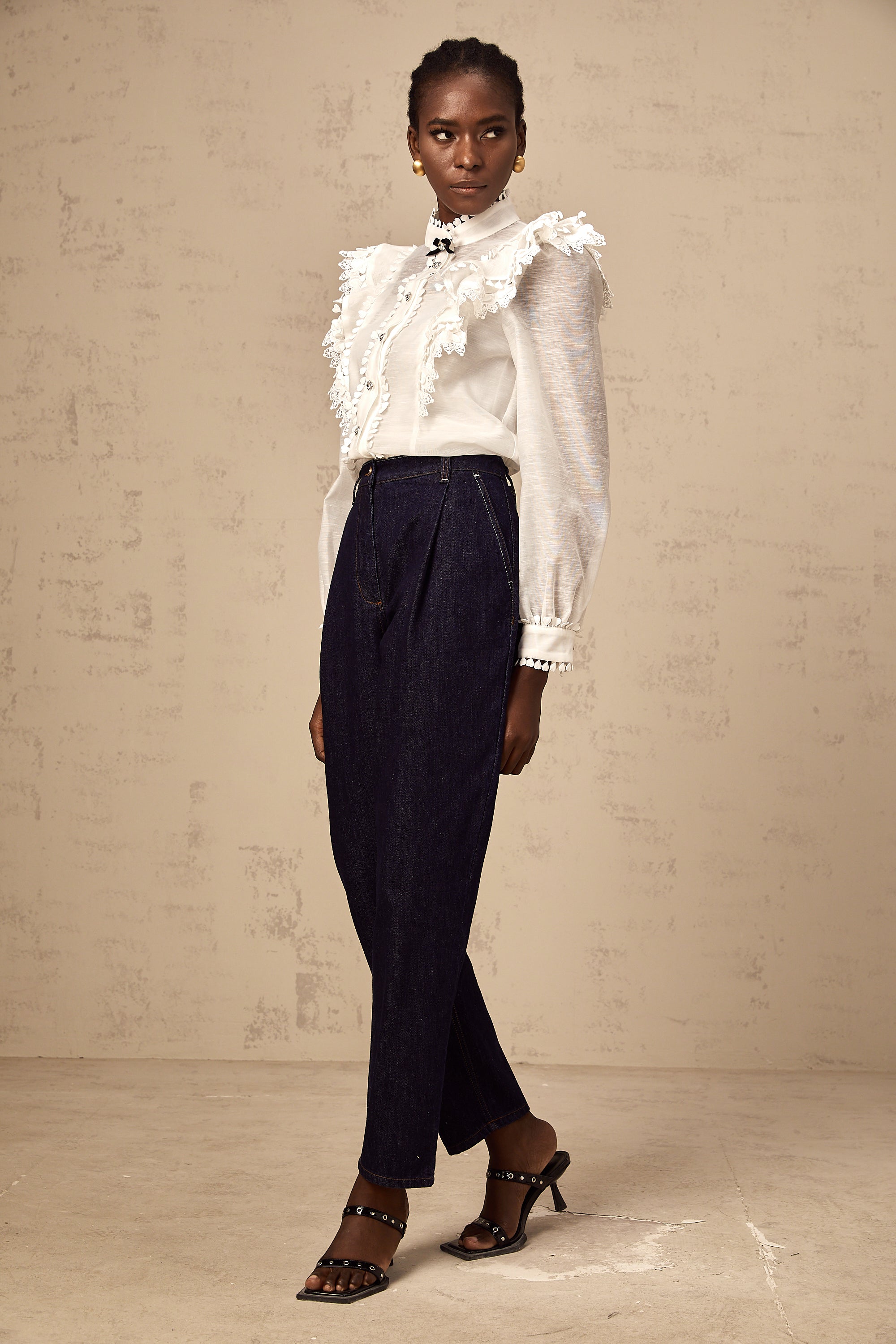 Capucine white lace-trim semi-sheer shirt