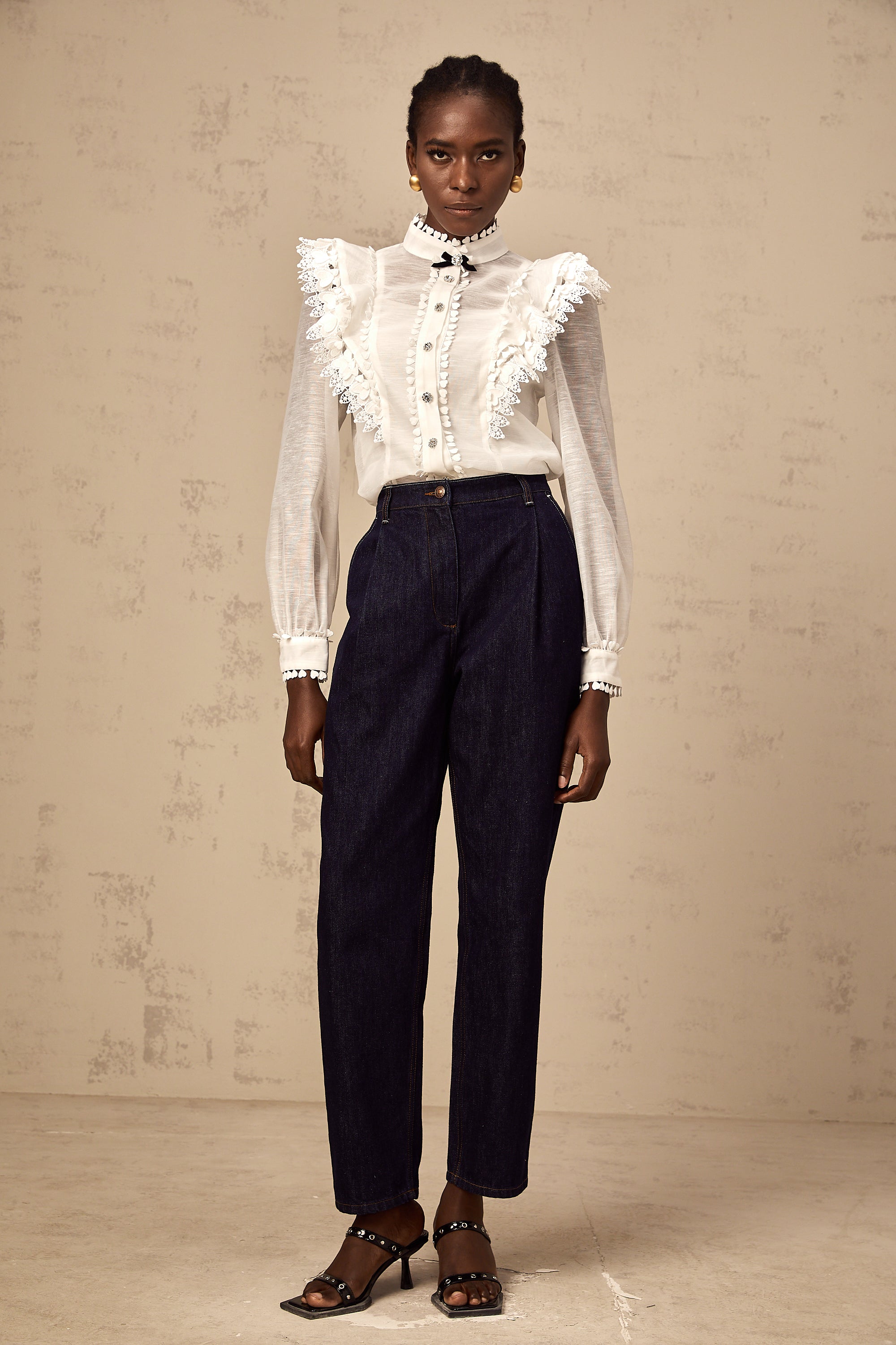 Capucine white lace-trim semi-sheer shirt