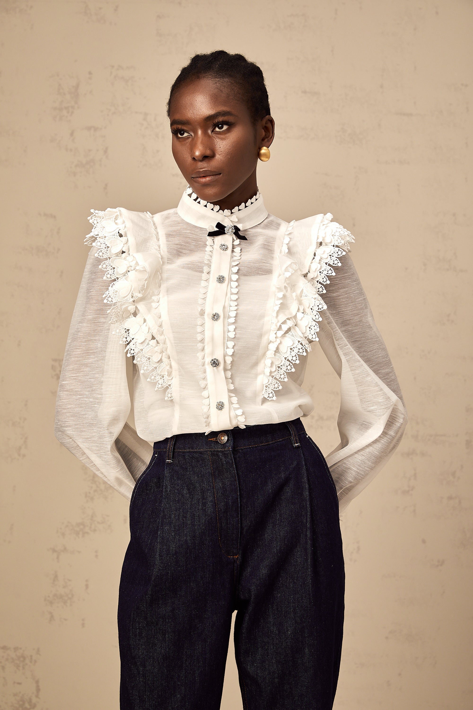 Capucine white lace-trim semi-sheer shirt