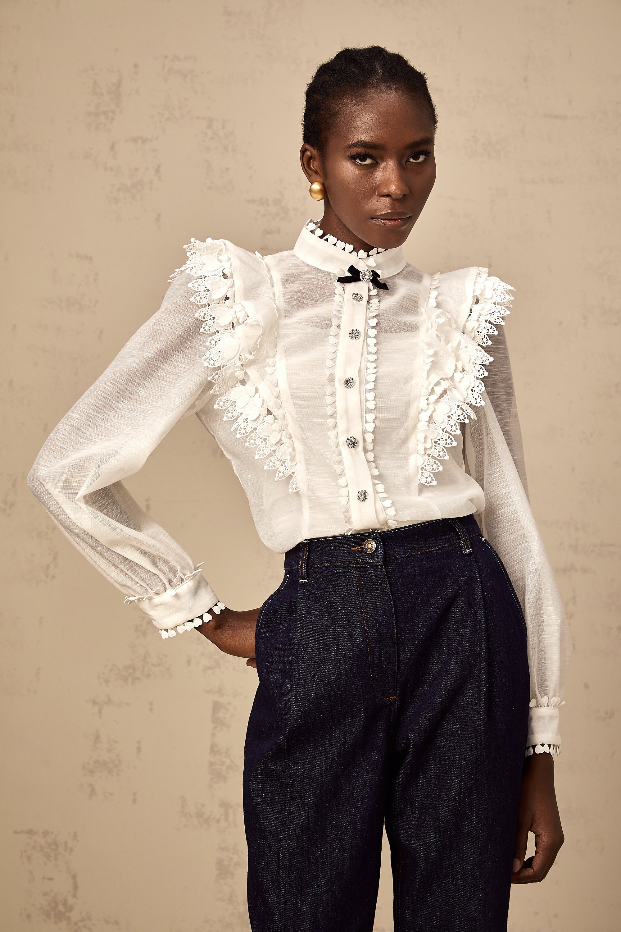 Capucine white lace-trim semi-sheer shirt