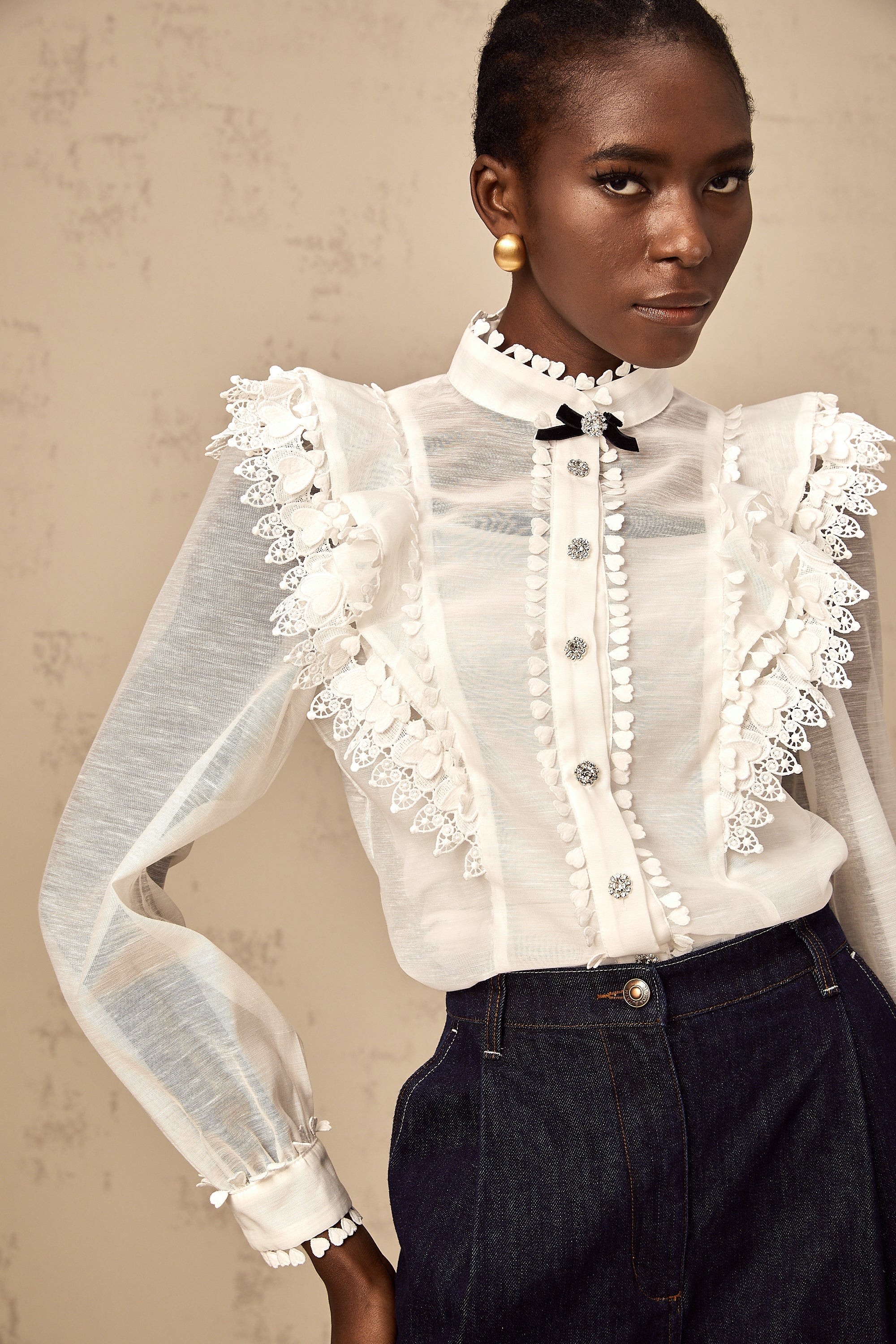 Capucine white lace-trim semi-sheer shirt