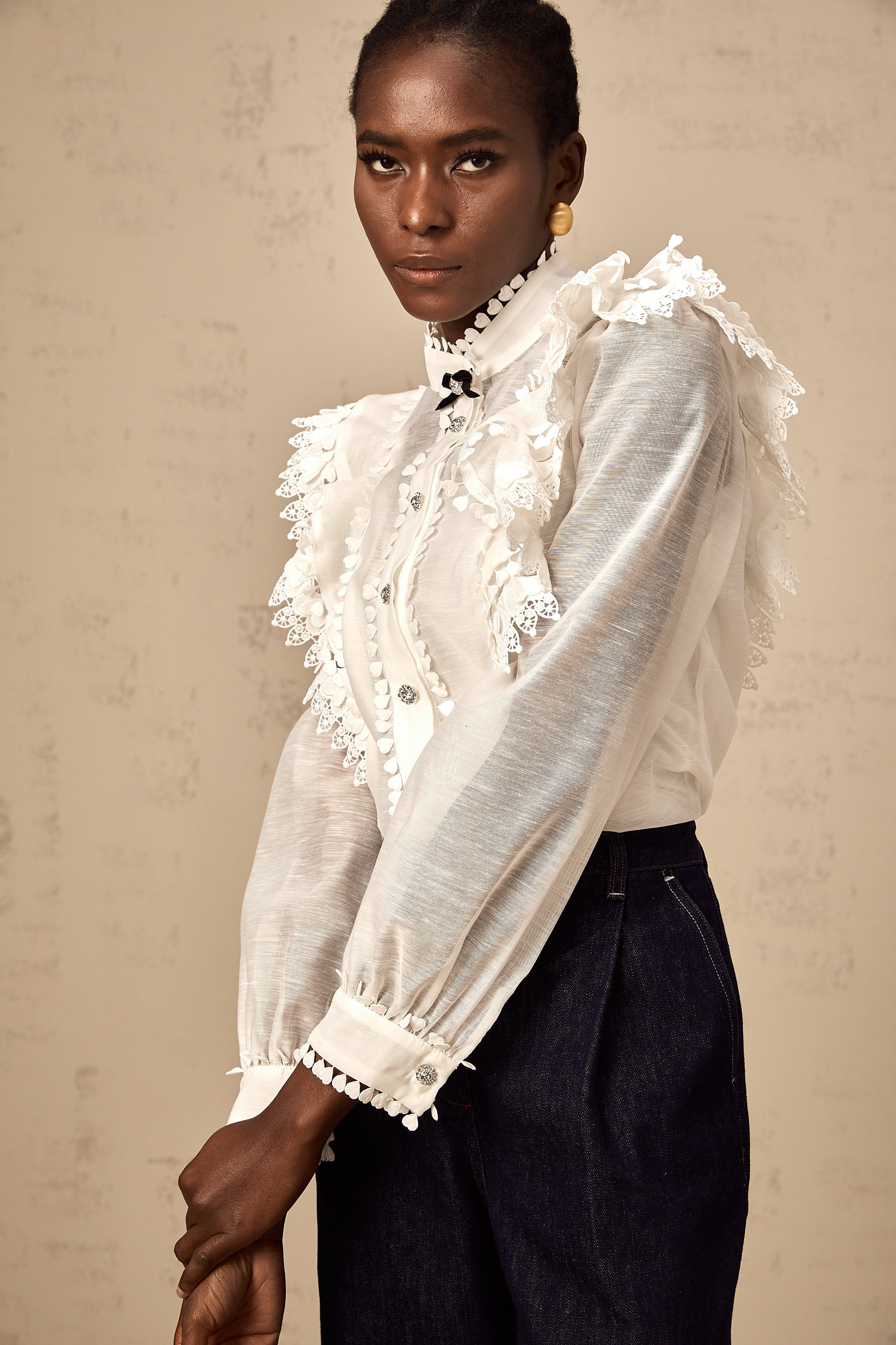 Capucine white lace-trim semi-sheer shirt